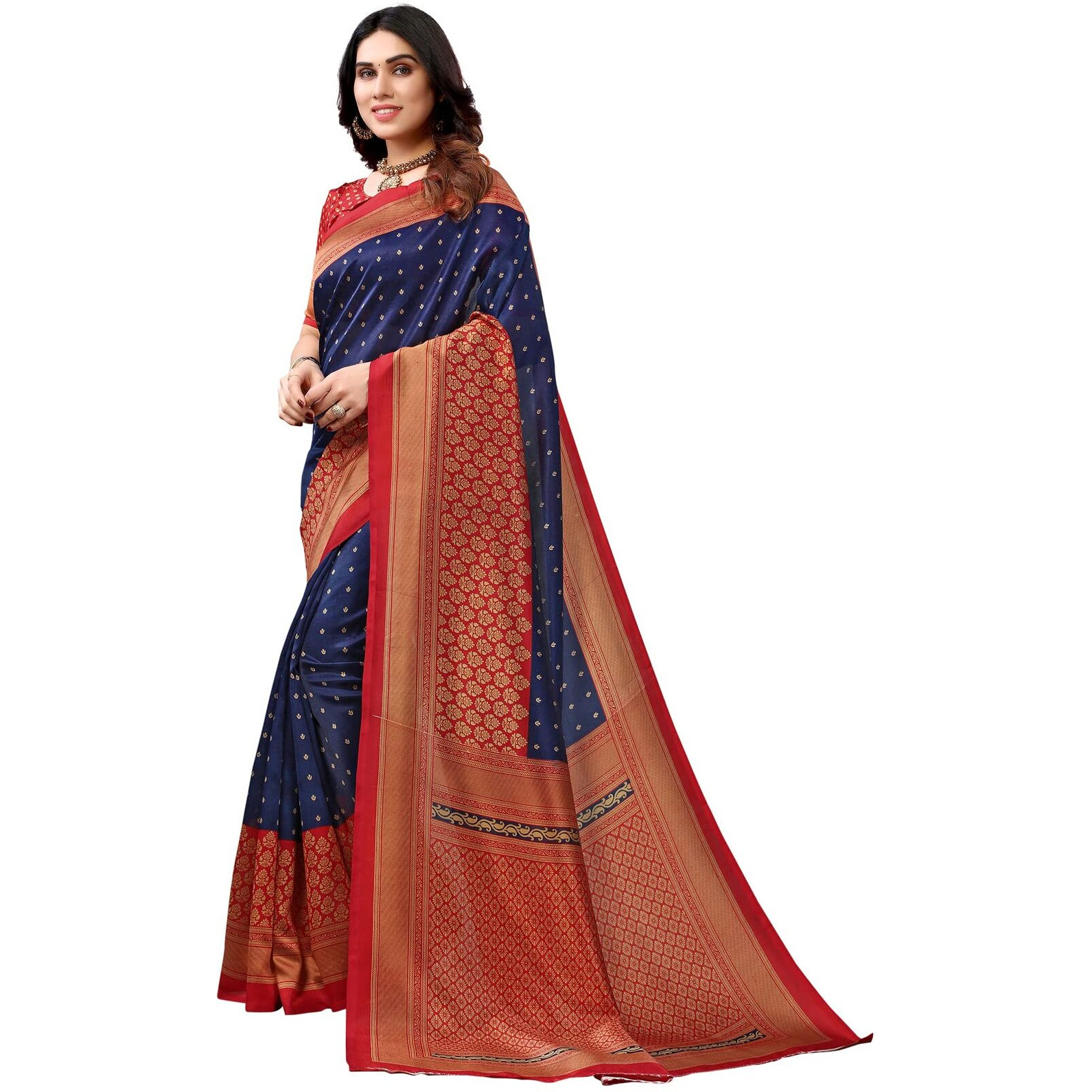 SICHI WomenS Printed Poly Silk Saree With Unstitched Blouse Piece(2535S931N_Navy Blue & Red)