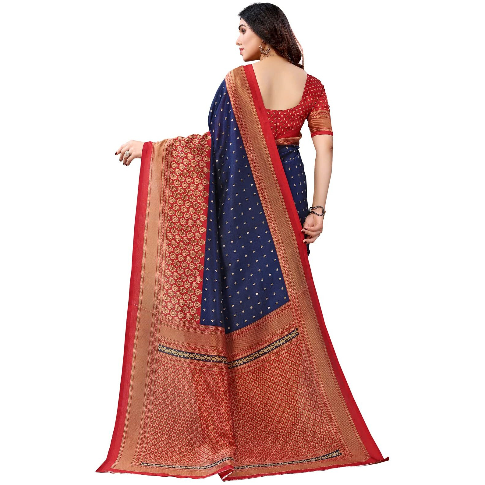 SICHI WomenS Printed Poly Silk Saree With Unstitched Blouse Piece(2535S931N_Navy Blue & Red)