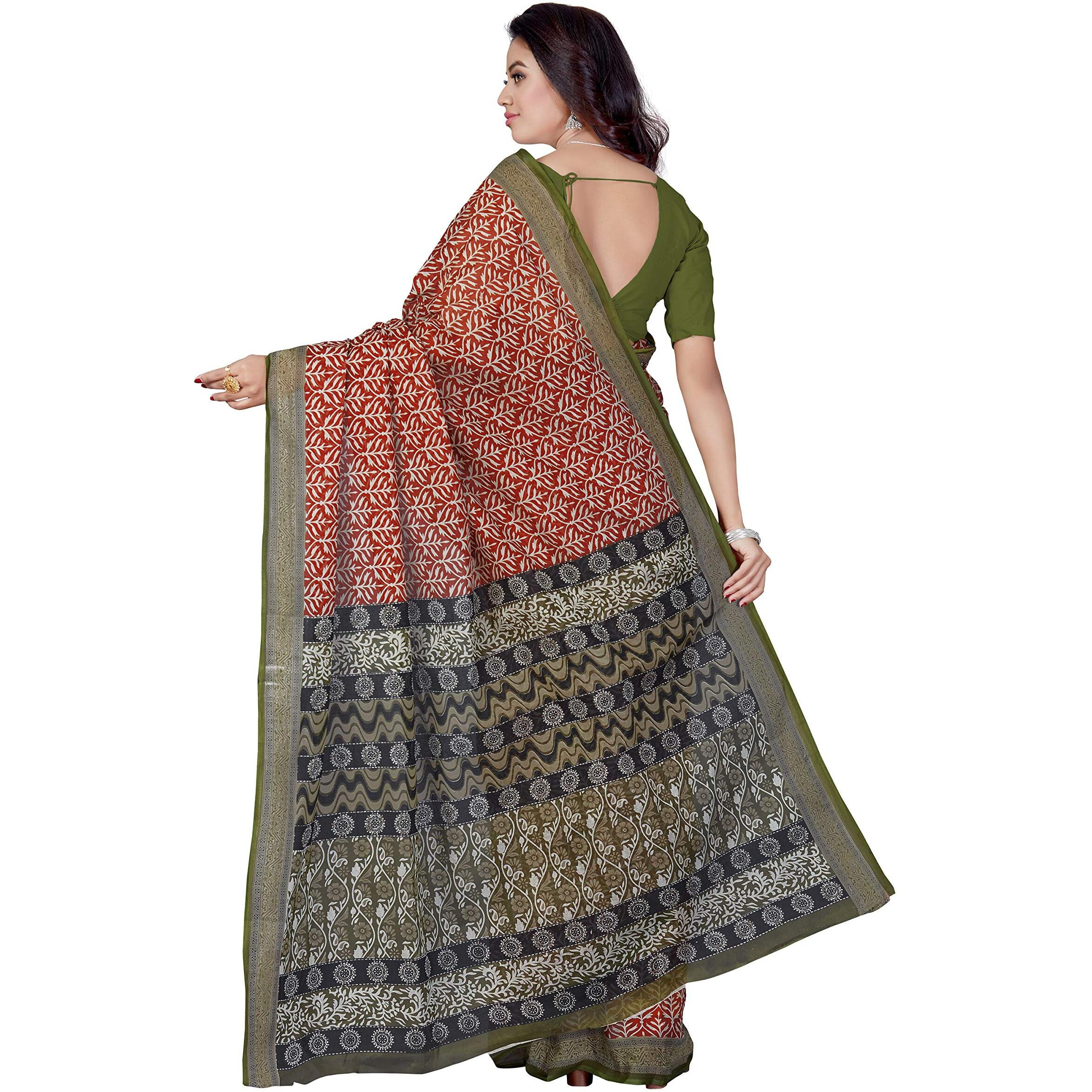 RANI SAAHIBA Womens Pure Cotton Printed Saree Without Blouse Piece (SKR5281_Brown-Green)