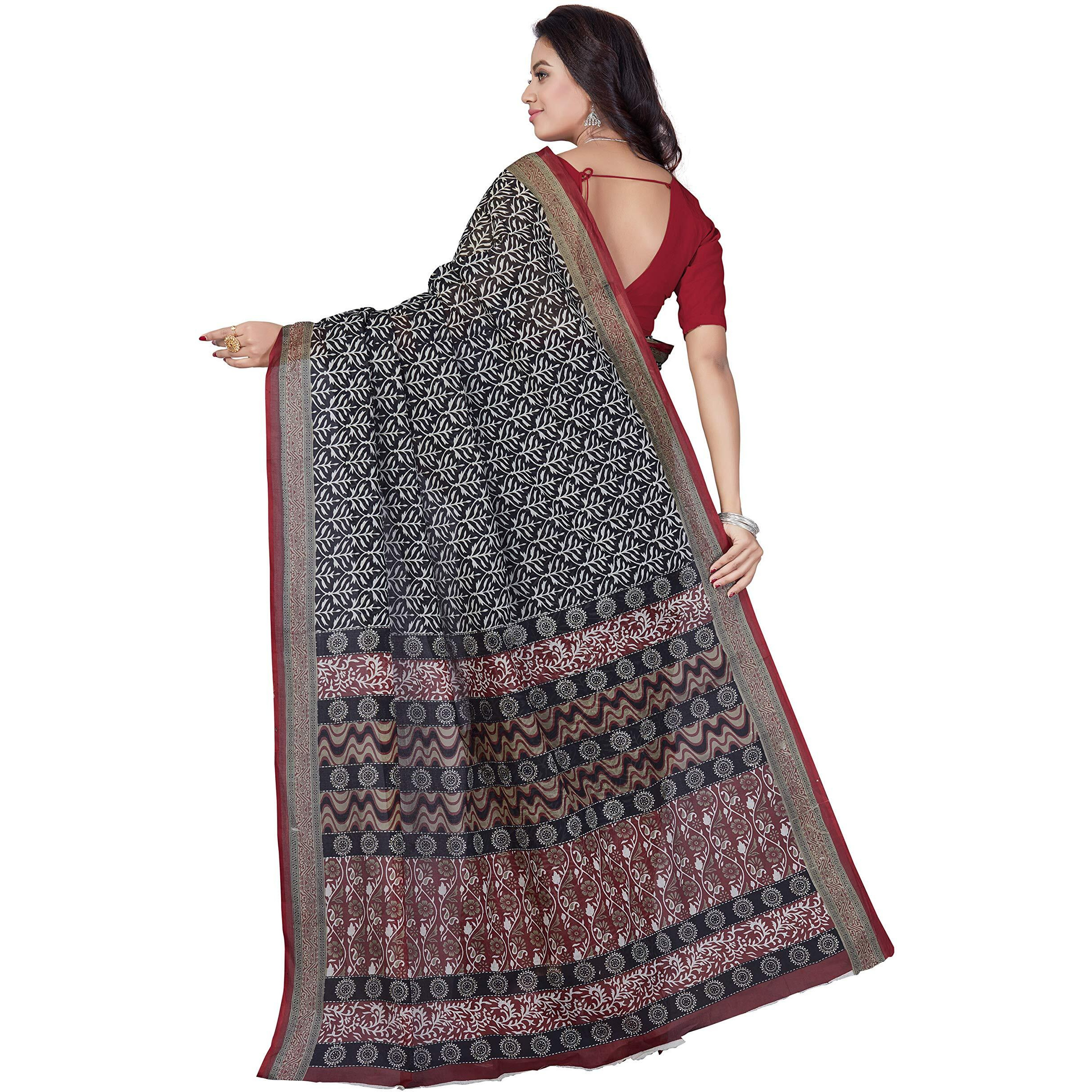 RANI SAAHIBA Womens Pure Cotton Printed Saree Without Blouse Piece (SKR5284_Black-Maroon)