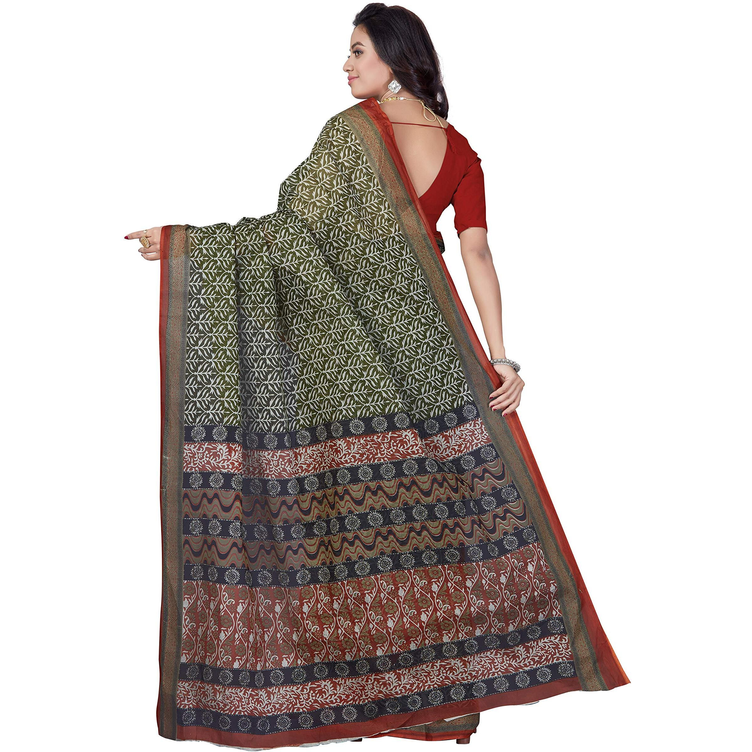 RANI SAAHIBA Womens Pure Cotton Printed Saree Without Blouse Piece (SKR5285_Green-Rust)