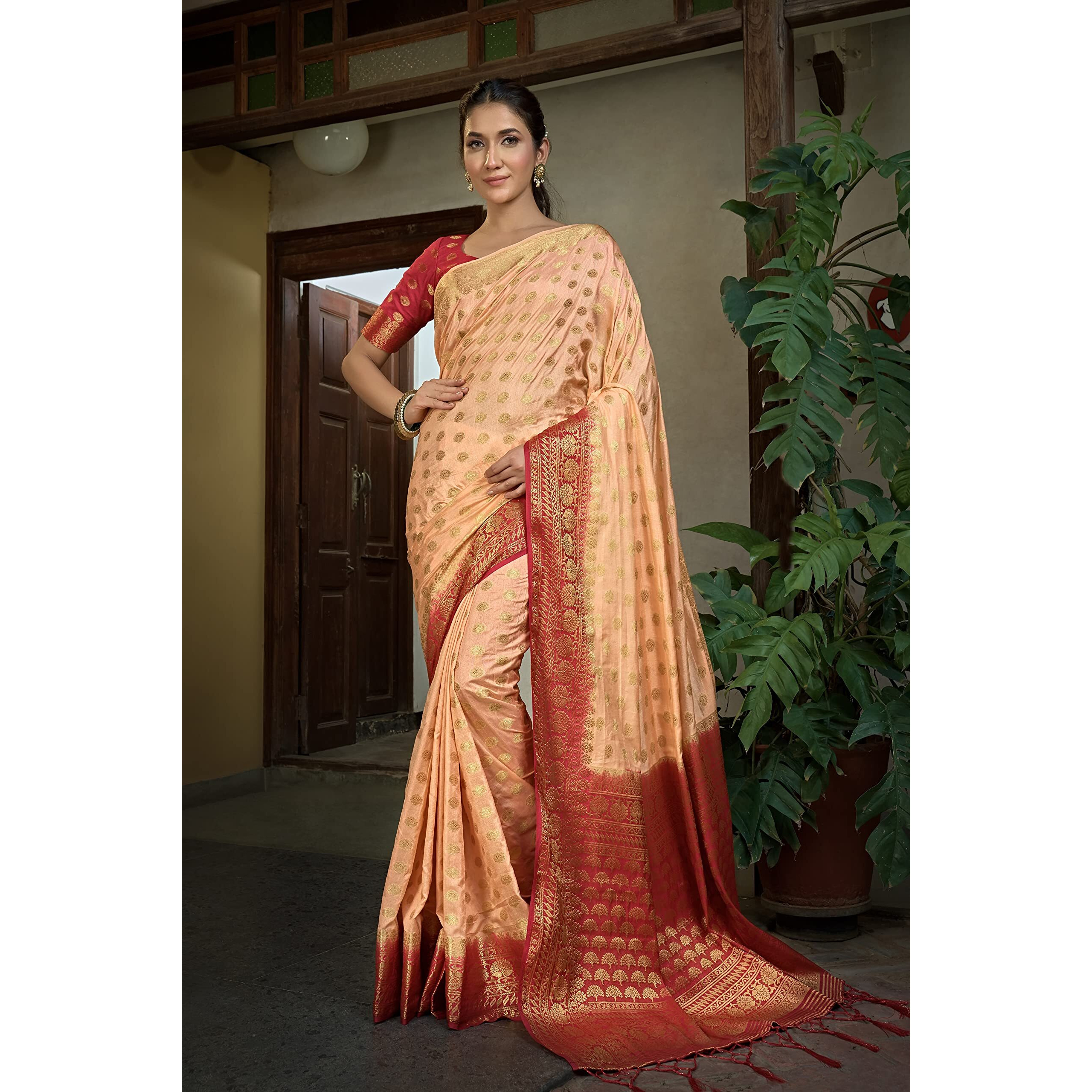 Vardha Womens Art Silk Saree with Unstitched Blouse Piece - Zari Woven Work Sarees for Wedding (Ekaja Silk, 447, Light Peach)