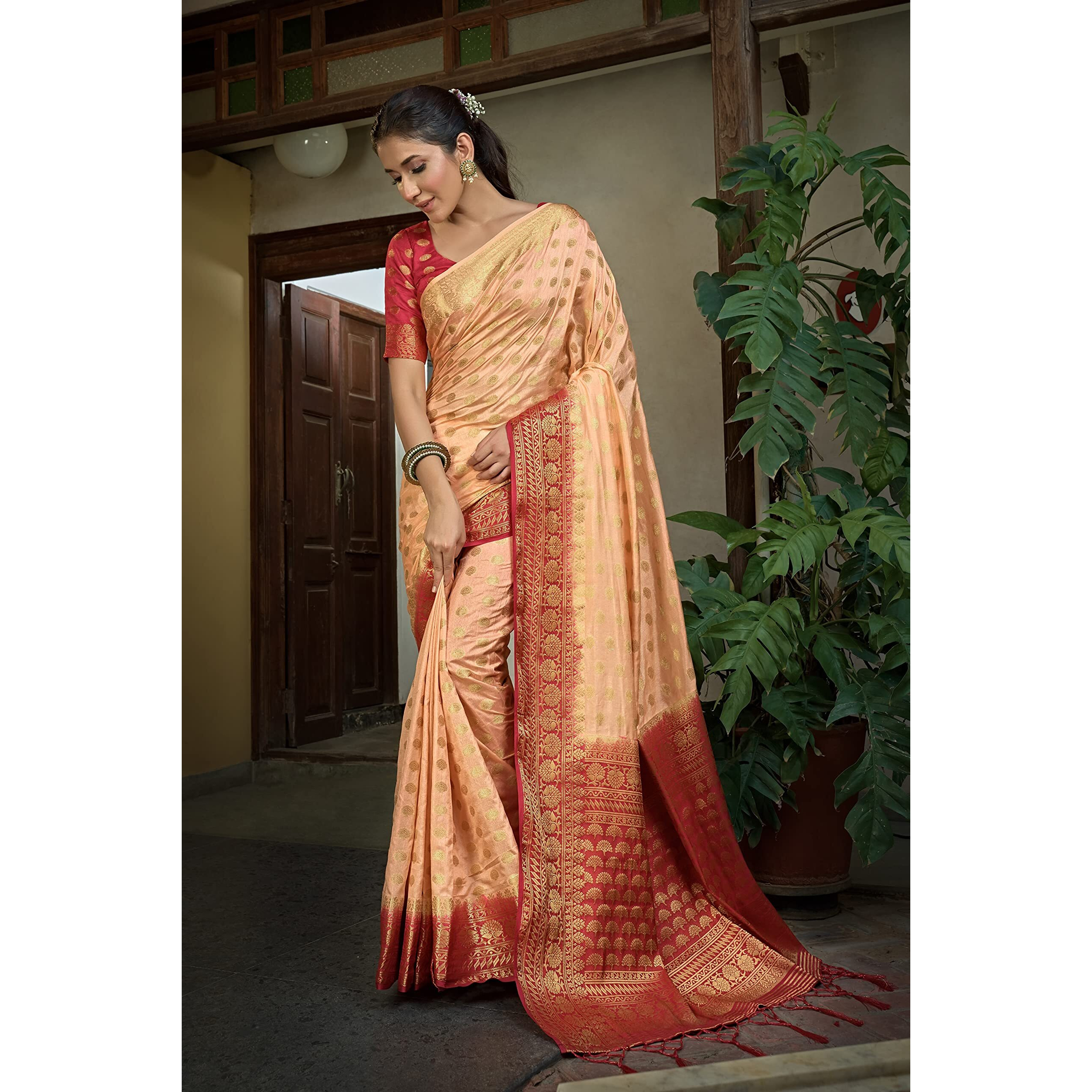 Vardha Womens Art Silk Saree with Unstitched Blouse Piece - Zari Woven Work Sarees for Wedding (Ekaja Silk, 447, Light Peach)