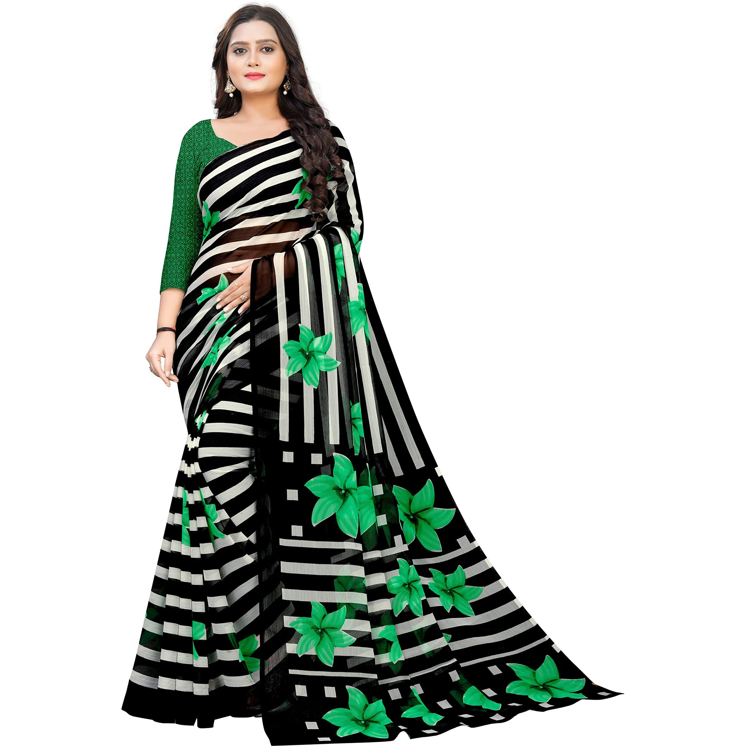 Amazon Brand - Anarva Womens Chiffon Printed Saree With Blouse Piece