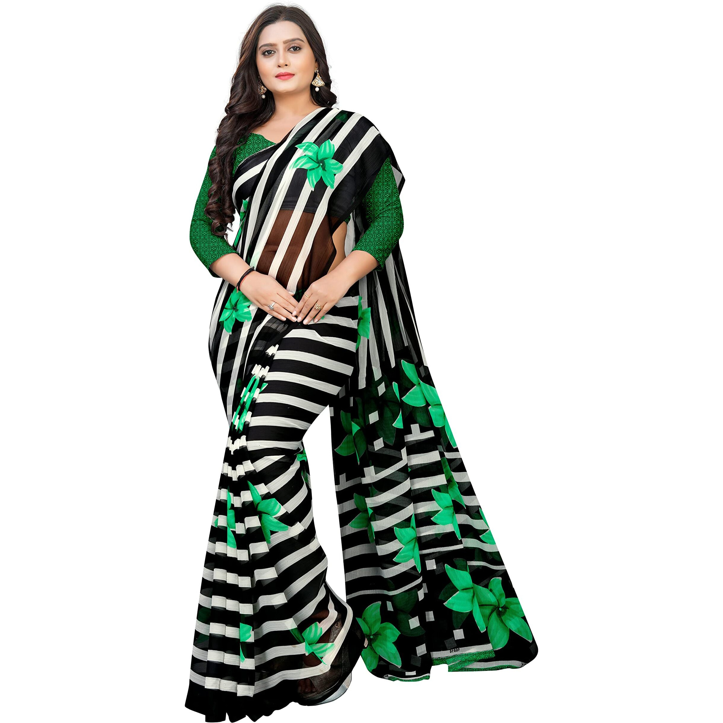 Amazon Brand - Anarva Womens Chiffon Printed Saree With Blouse Piece