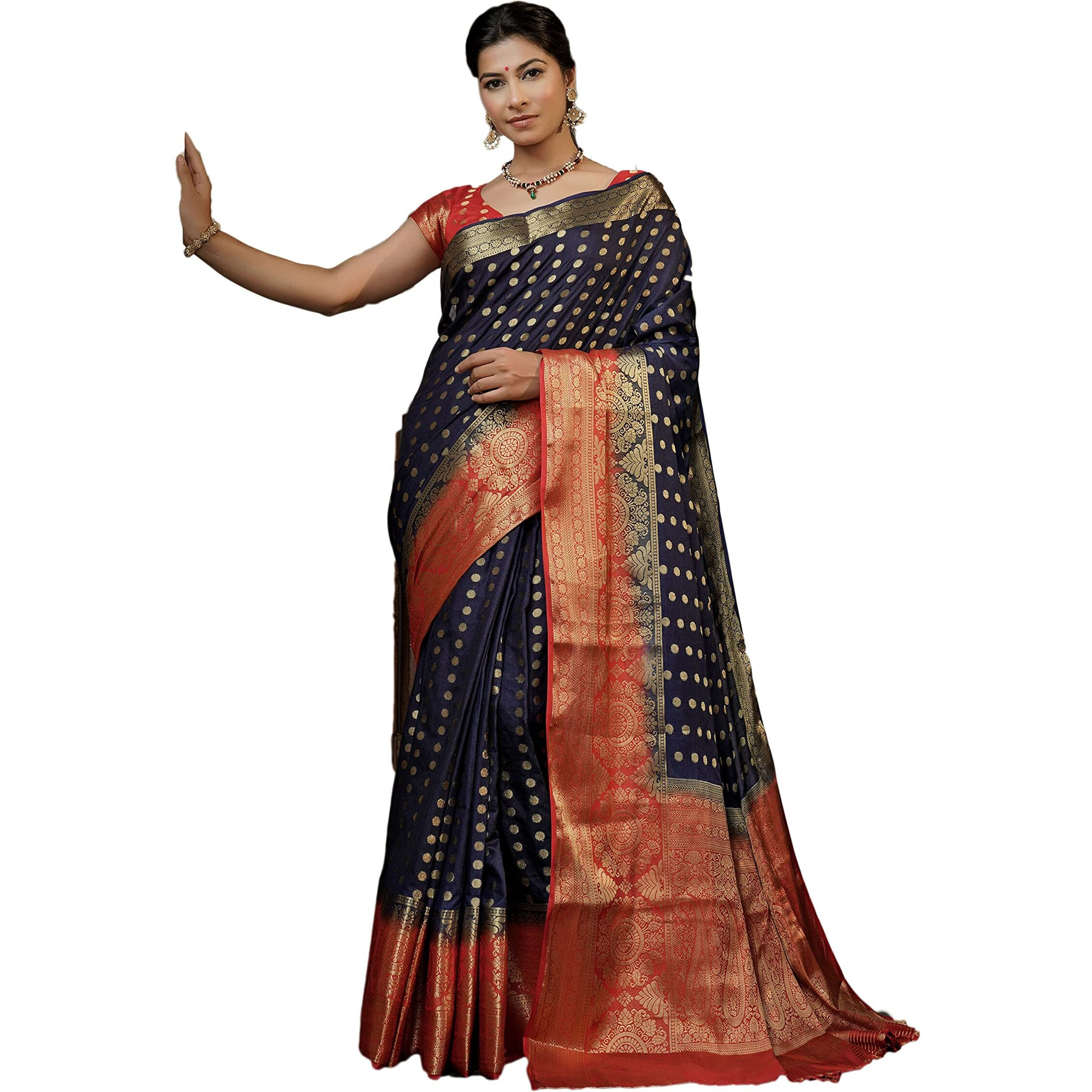 Vardha Womens Art Silk Saree with Unstitched Blouse Piece - Zari Woven Work Sarees for Wedding (Ekaja Silk, 448, Navy Blue)