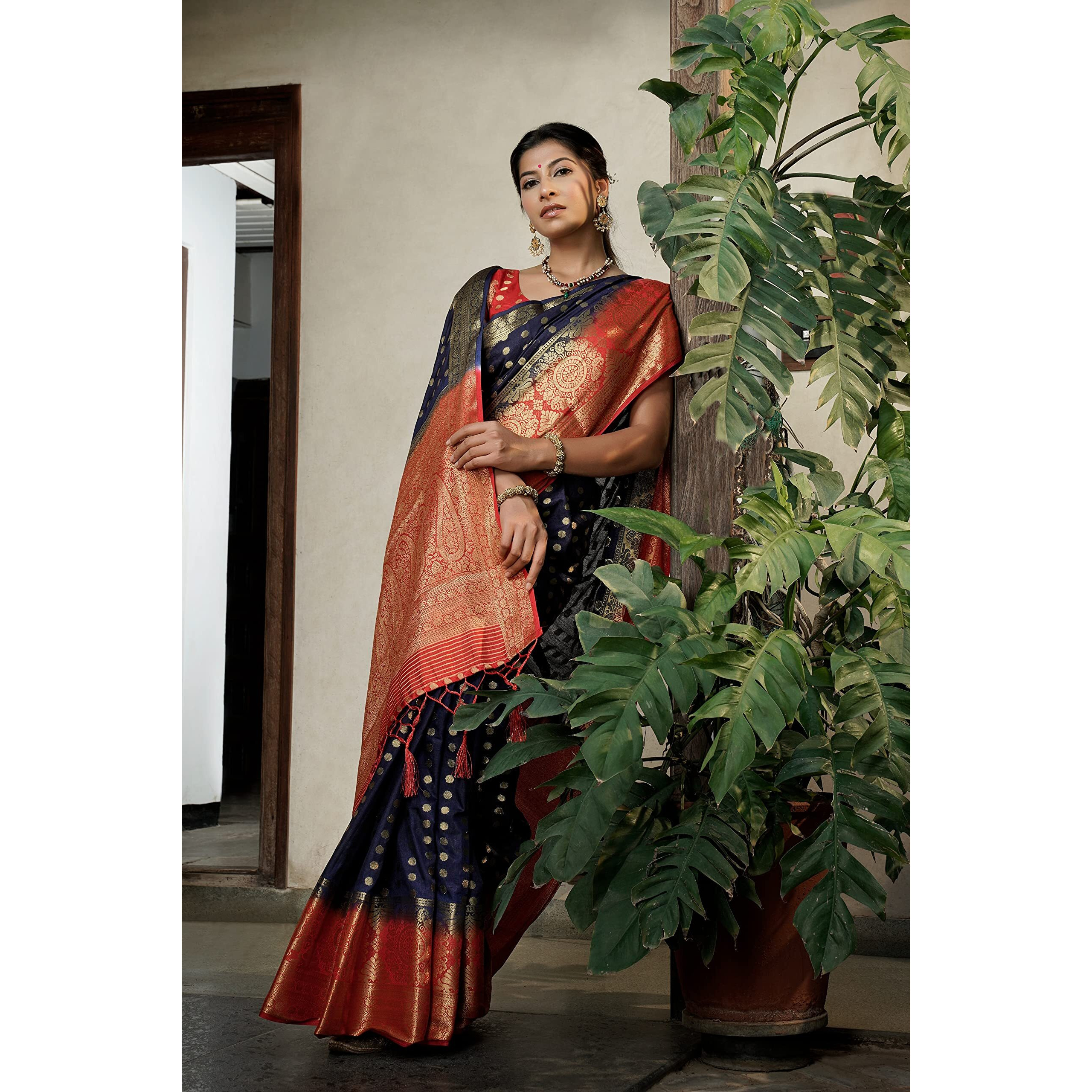 Vardha Womens Art Silk Saree with Unstitched Blouse Piece - Zari Woven Work Sarees for Wedding (Ekaja Silk, 448, Navy Blue)