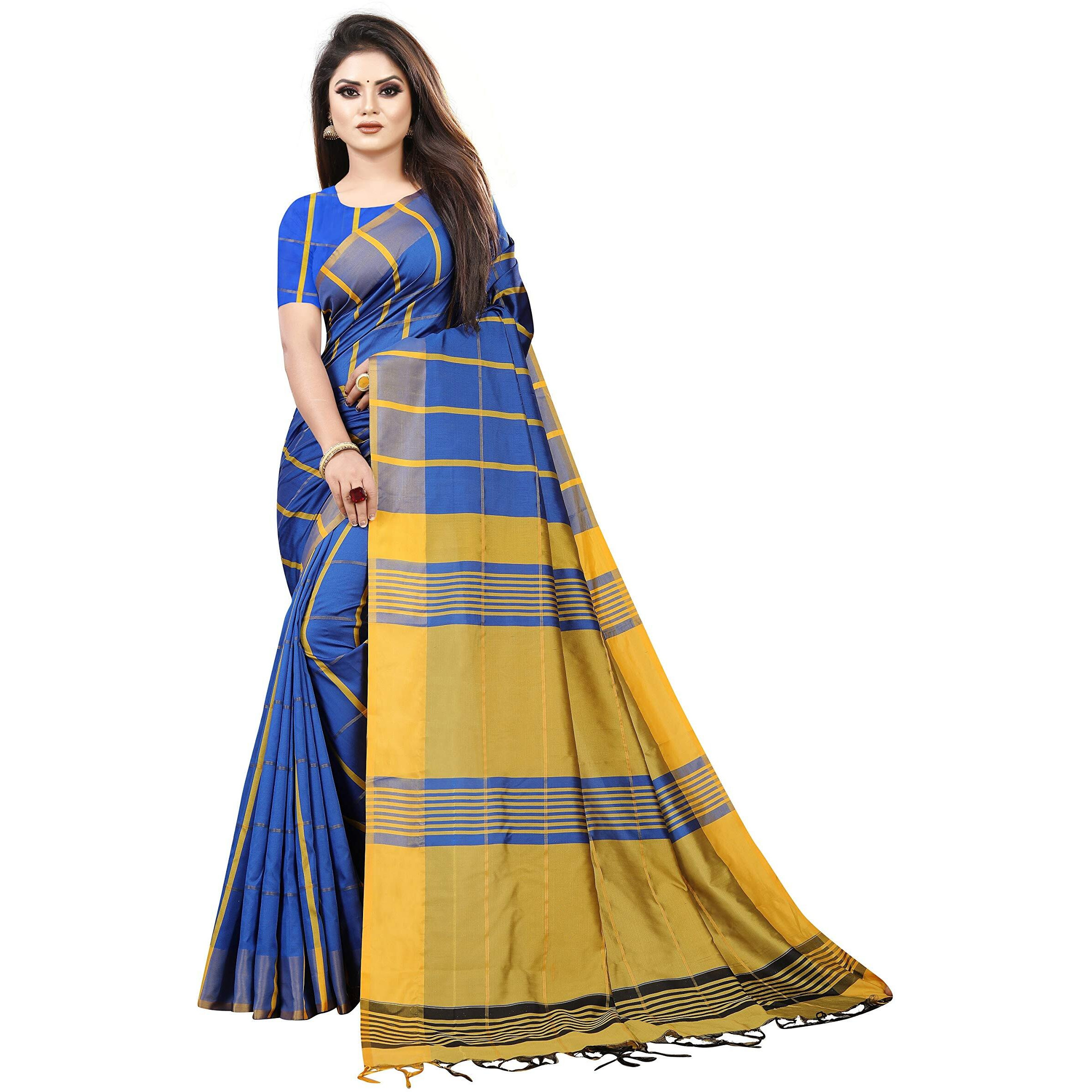 OM SAI LATEST CREATION Soft Cotton & Silk Saree For Women Half Sarees Under 329 2020 Beautiful For Women saree free size with blouse piece (Blue-Chikku)