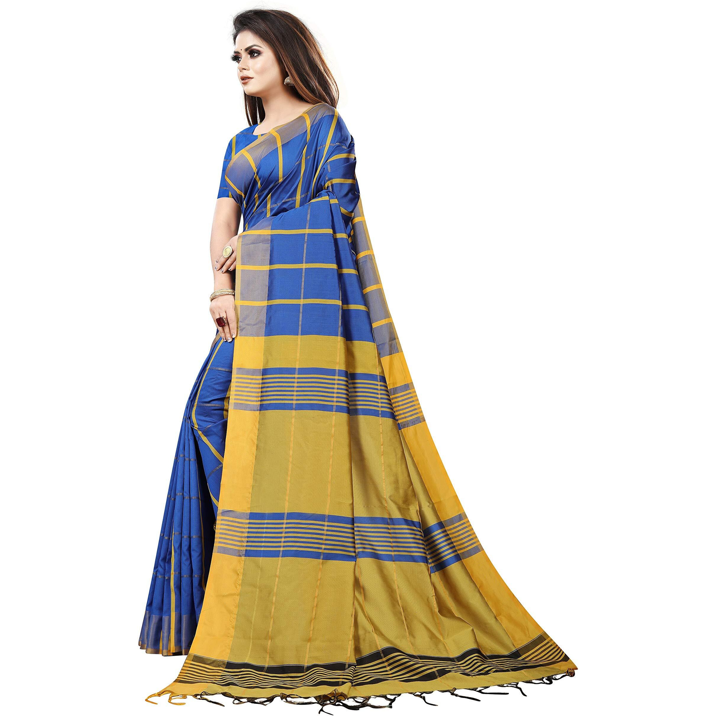 OM SAI LATEST CREATION Soft Cotton & Silk Saree For Women Half Sarees Under 329 2020 Beautiful For Women saree free size with blouse piece (Blue-Chikku)