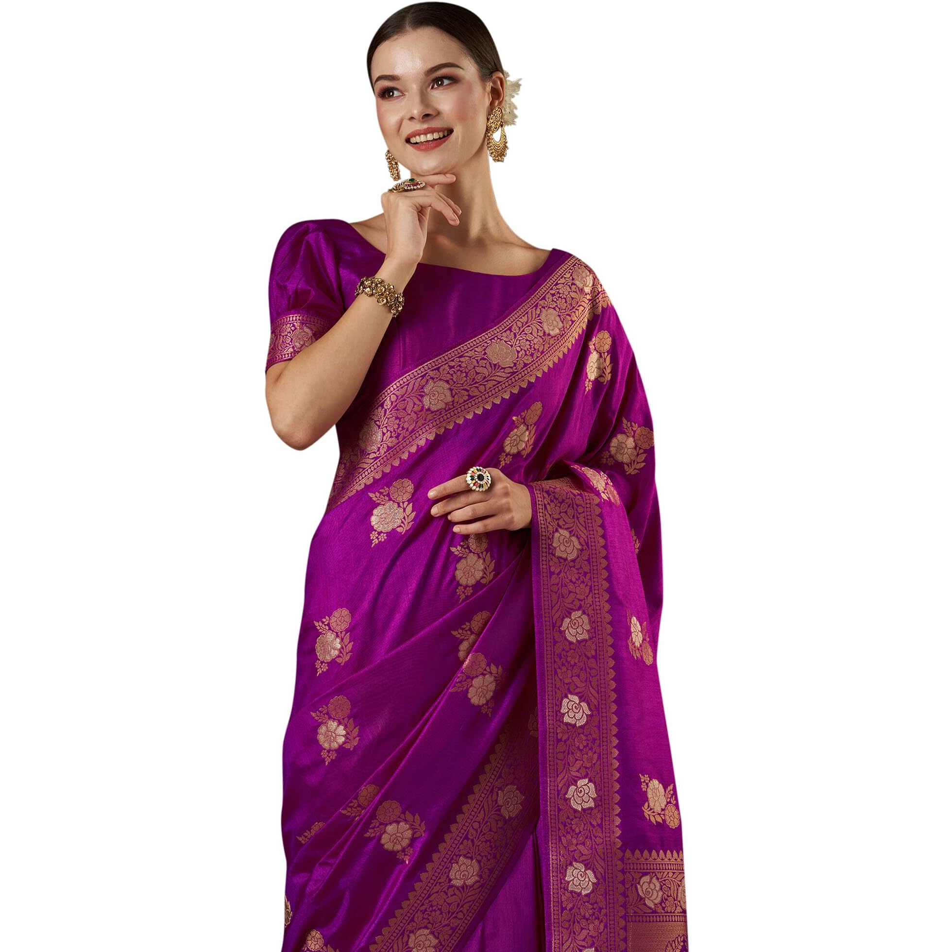 AKHILAM Womens Floral Tassels and Latkans Zari Work Banarasi Silk Saree With Unstiched Blouse Piece Saree (Purple_SHREEJI1002_ST)