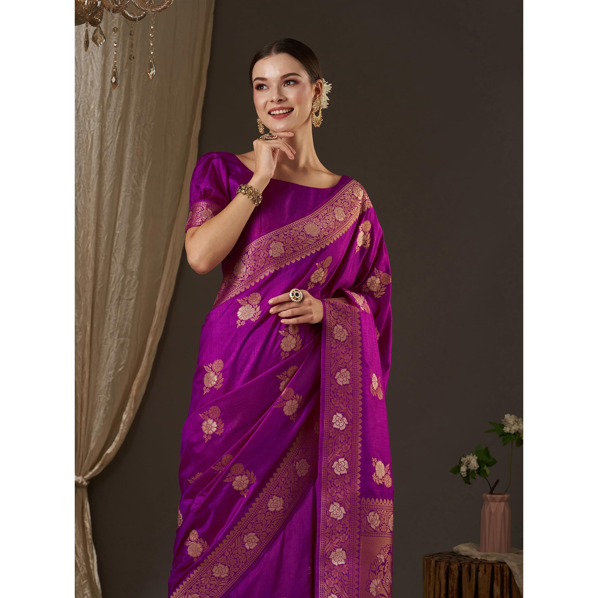 AKHILAM Womens Floral Tassels and Latkans Zari Work Banarasi Silk Saree With Unstiched Blouse Piece Saree (Purple_SHREEJI1002_ST)