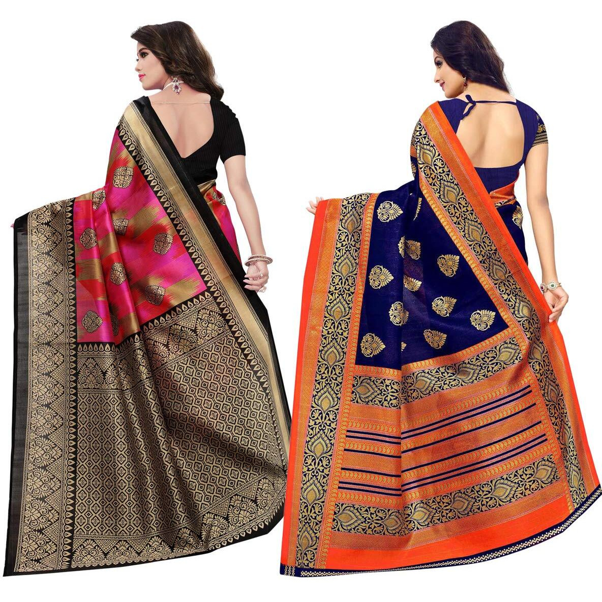 KANCHNAR Womens Art Silk Blend Saree (800S39_815S199, Navy) - pack of 2