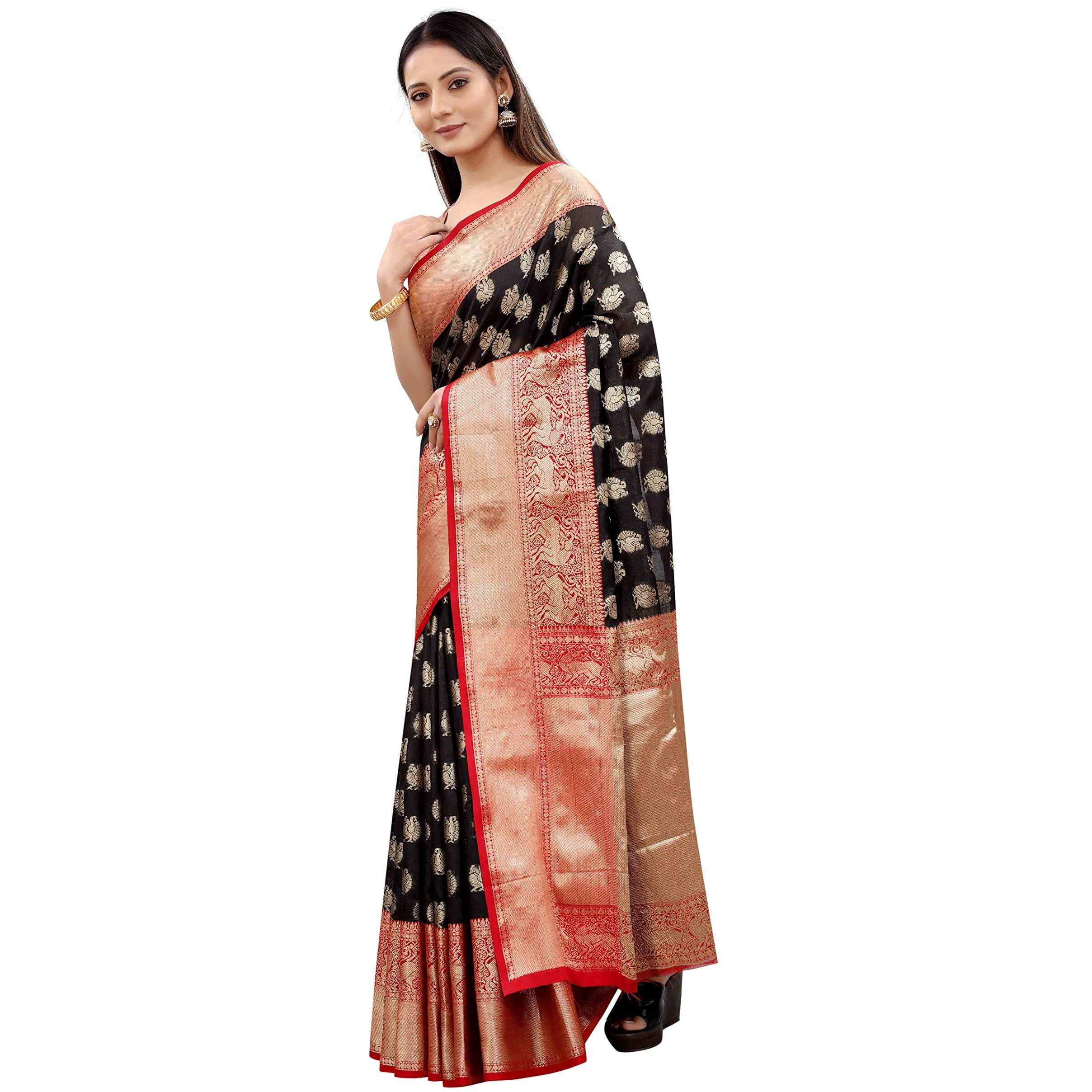 Enthone Womens Heavy Banarasi Art Silk Saree With Unstitched Blouse Piece(Black)