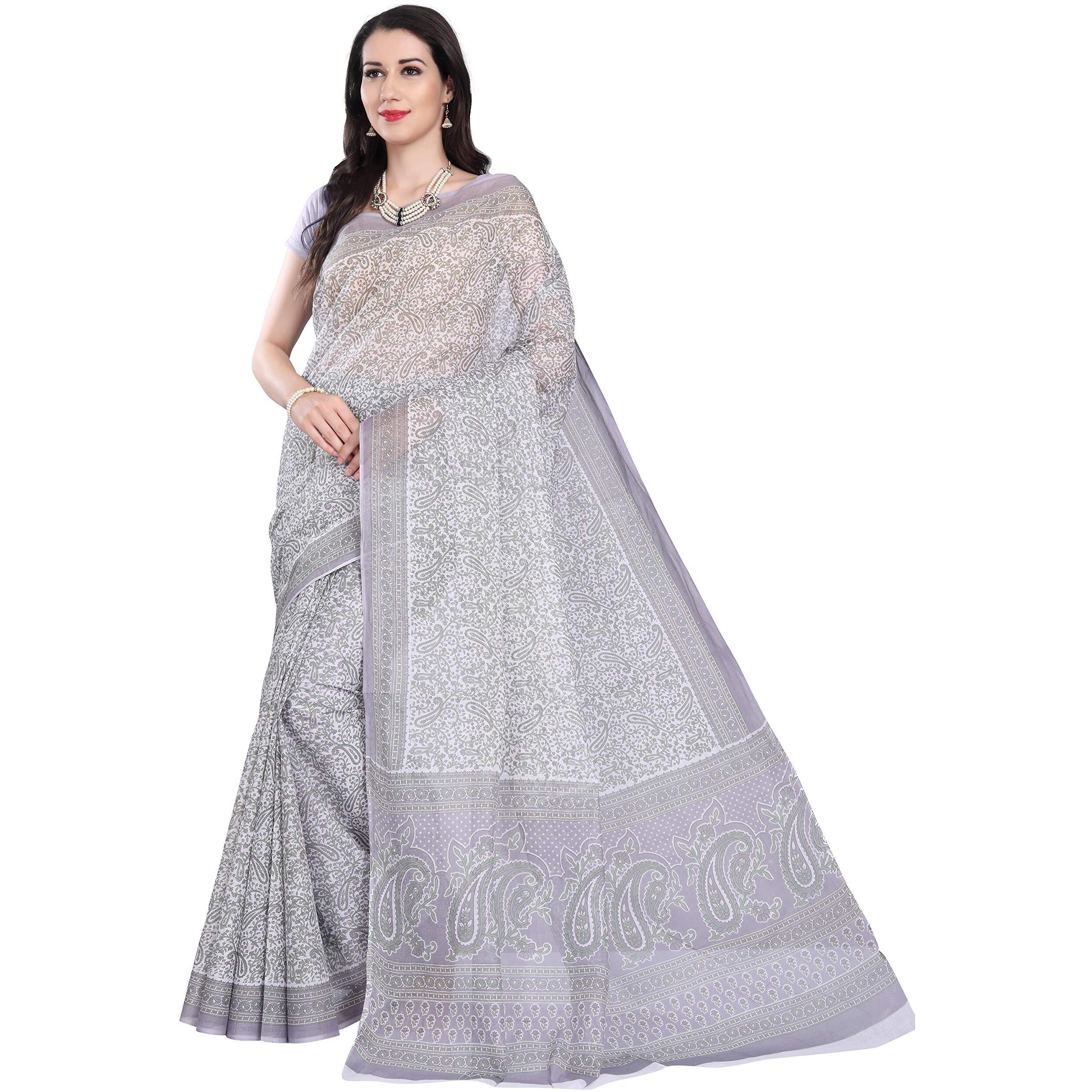 RANI SAAHIBA Womens Pure Cotton Printed Saree Without Blouse Piece (SKR6666_White-Grey)