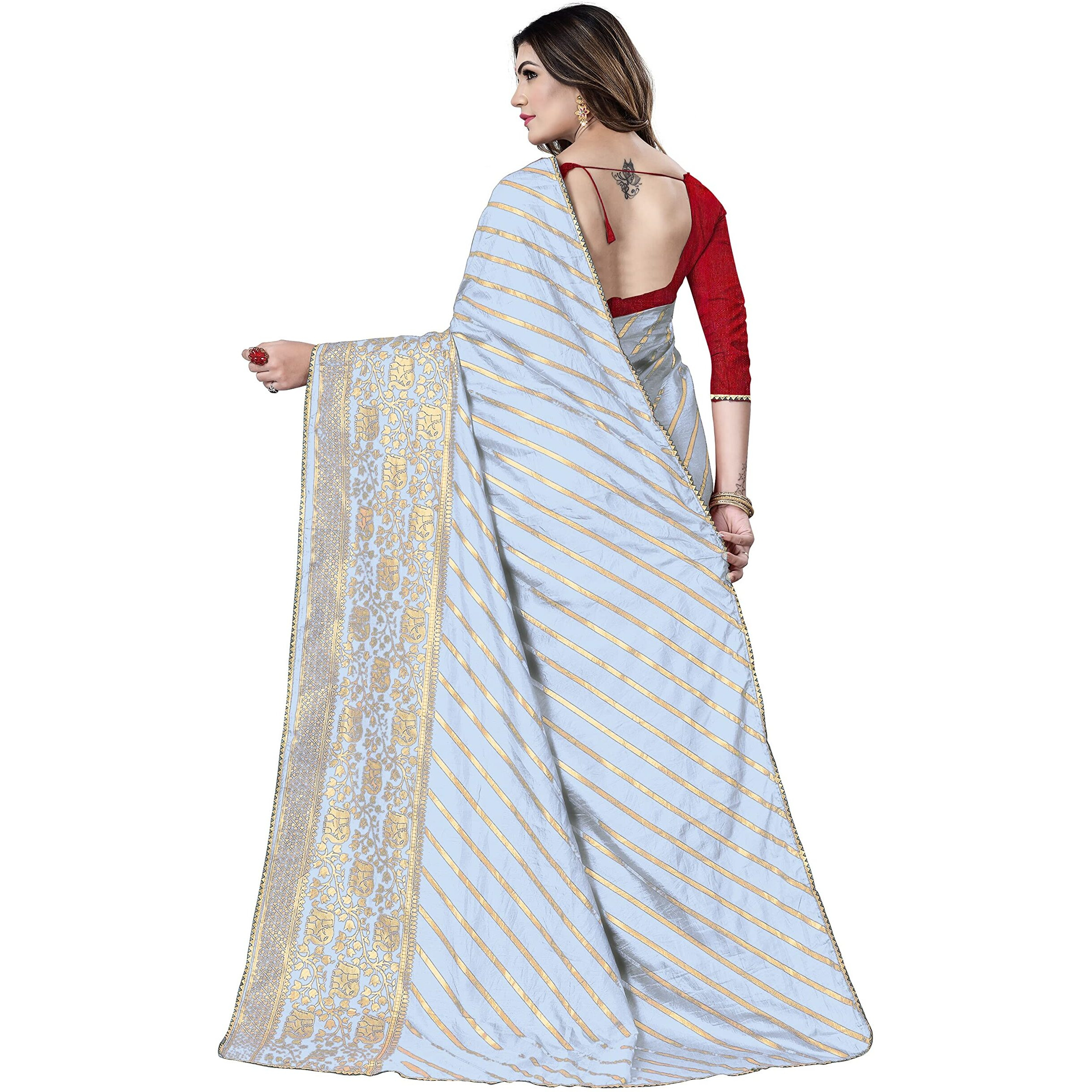 Sidhidata Textile Womens Dola Silk Gota Patti Work Lace Foil Printed Saree With Unstitched Blouse Piece (Grey)