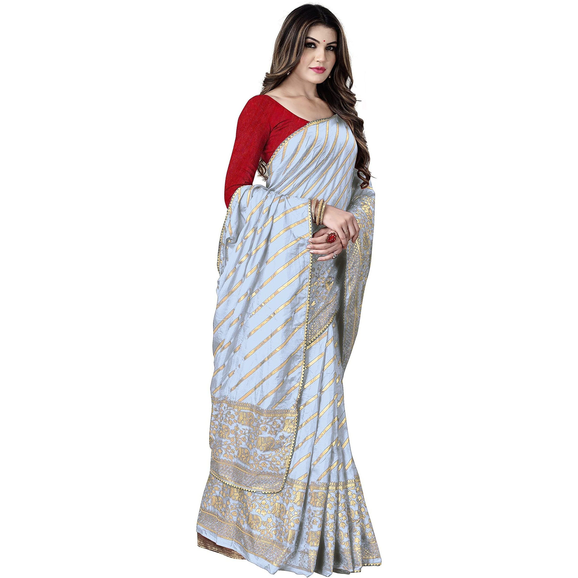 Sidhidata Textile Womens Dola Silk Gota Patti Work Lace Foil Printed Saree With Unstitched Blouse Piece (Grey)