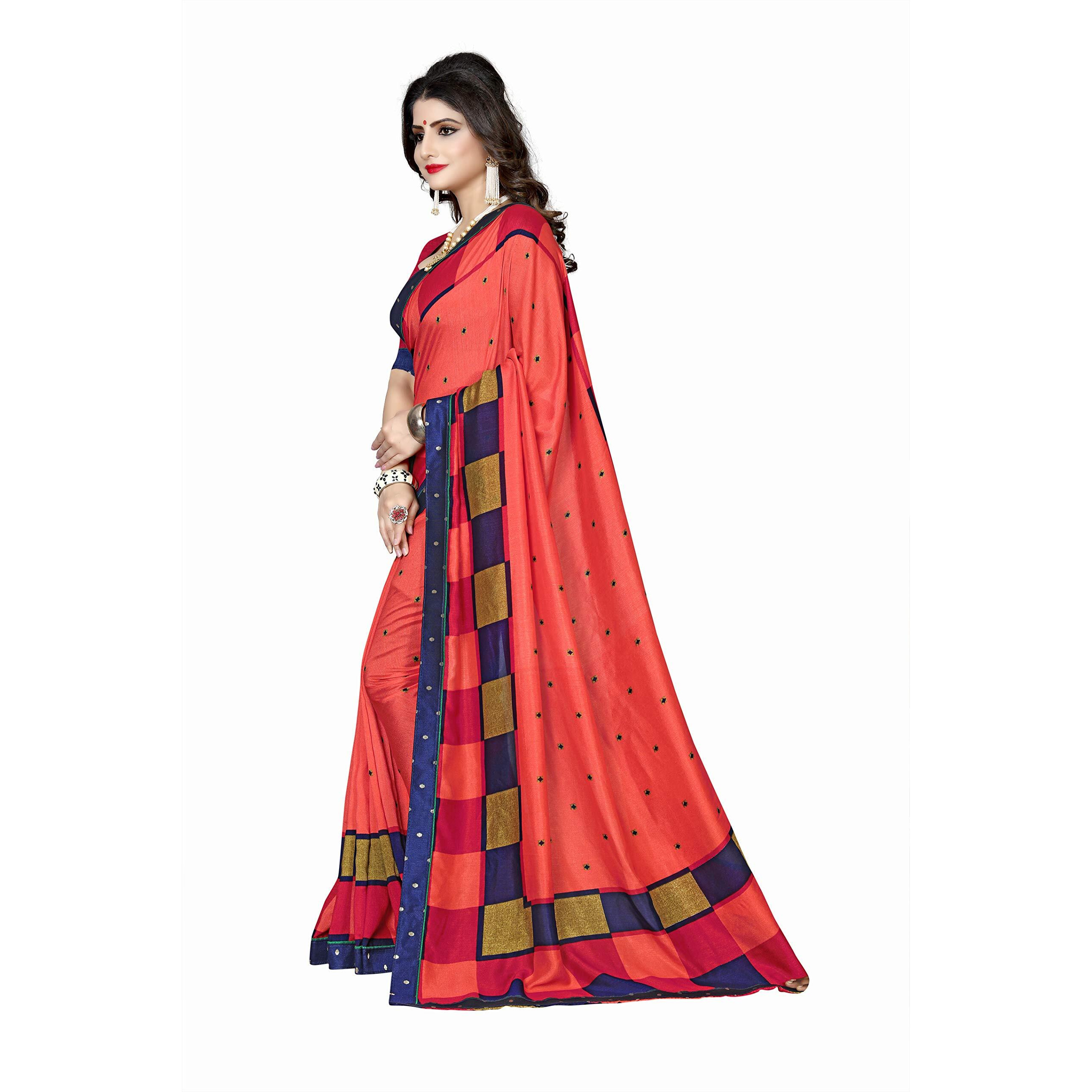 Oomph Womens Bhagalpuri Art Silk Saree With Blouse (af2579b_n_Coral Red Navy Blue_OS_Coral Red, Navy Blue)