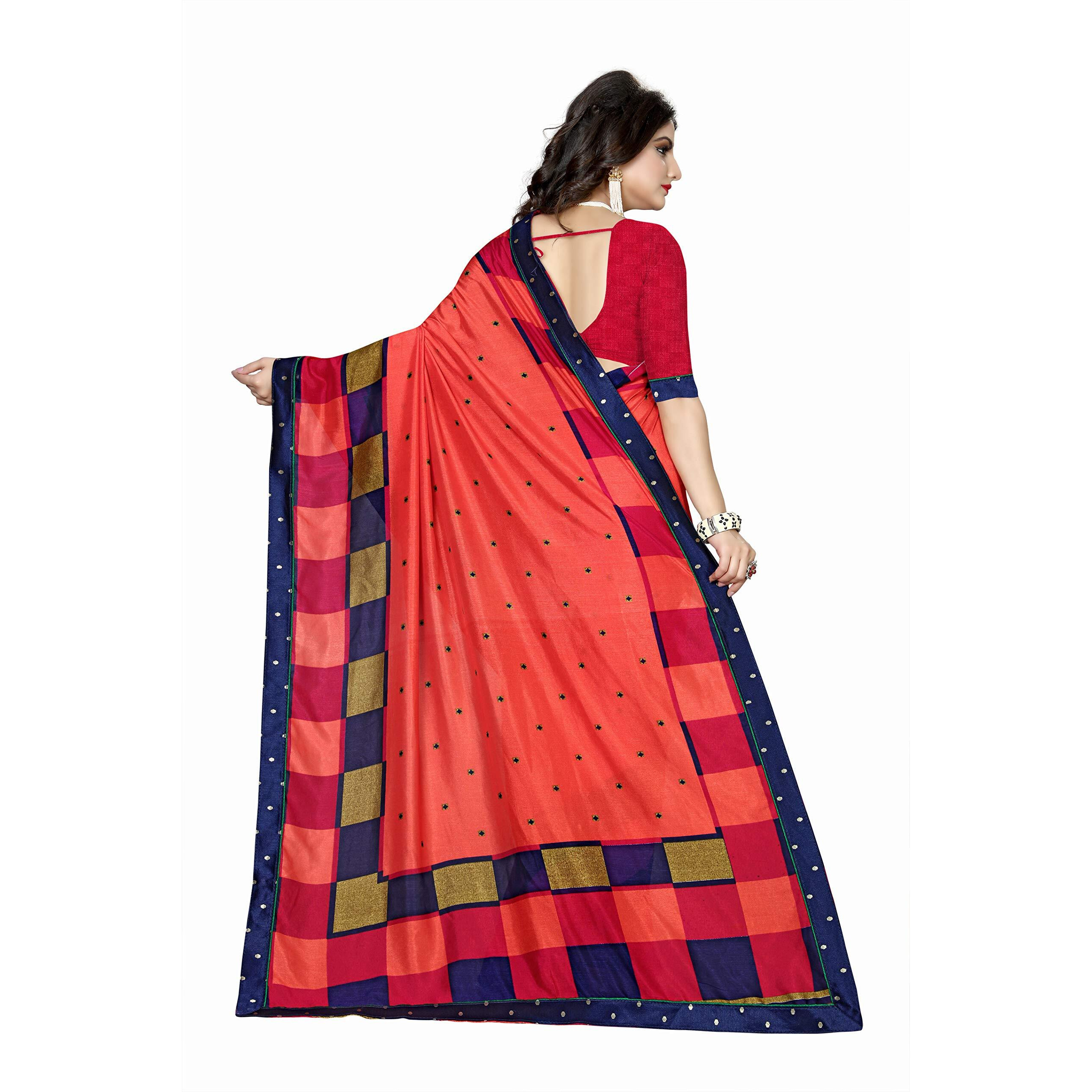 Oomph Womens Bhagalpuri Art Silk Saree With Blouse (af2579b_n_Coral Red Navy Blue_OS_Coral Red, Navy Blue)