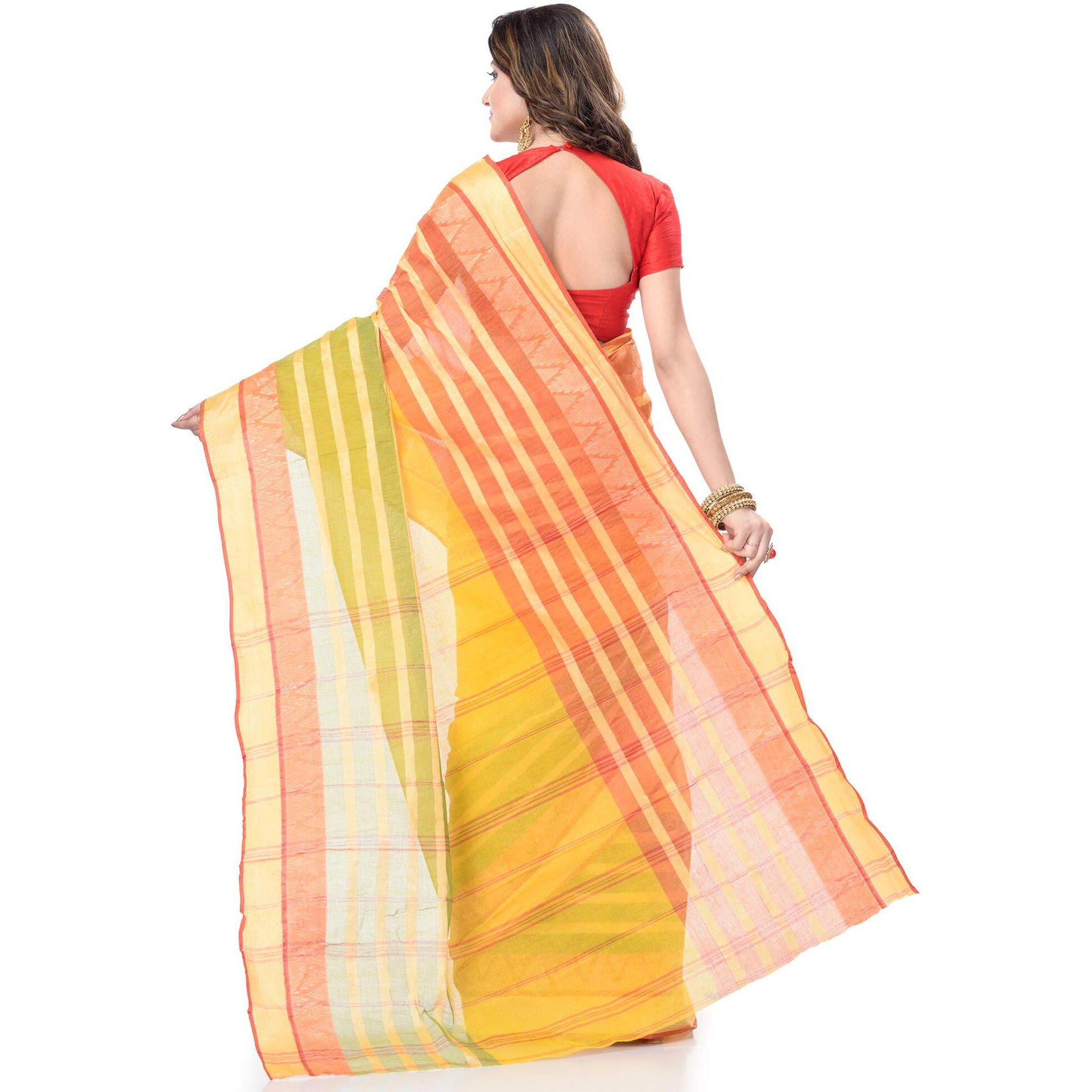 dB DESH BIDESH Women`s Traditional Bengal Tant 3D Temple Design Handloom Pure Cotton Saree Without Blouse Piece (Yellow) (Yellow)