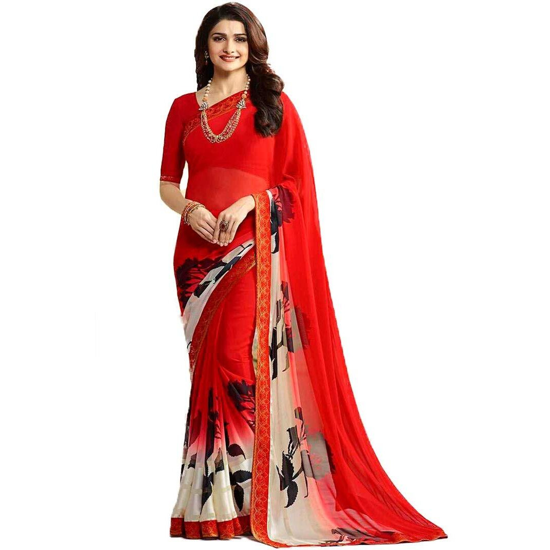 Shruhad  Womens Georgette Printed Saree with Jacquard Lace Border & Blouse Piece in Red color (Saree Length 6.3 Mtr) (red)