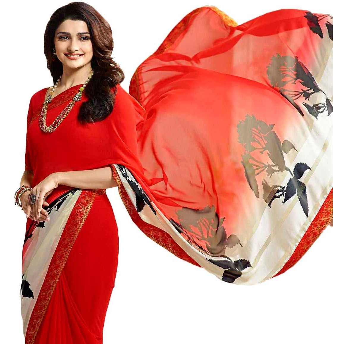 Shruhad  Womens Georgette Printed Saree with Jacquard Lace Border & Blouse Piece in Red color (Saree Length 6.3 Mtr) (red)