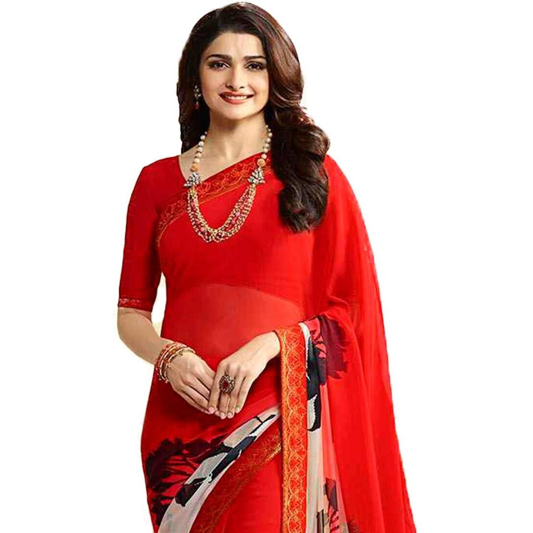 Shruhad  Womens Georgette Printed Saree with Jacquard Lace Border & Blouse Piece in Red color (Saree Length 6.3 Mtr) (red)