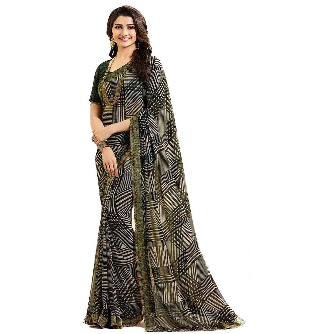 Shruhad  Womens Georgette Printed Saree with Jacquard Lace Border & Blouse Piece in Mustard color (Saree Length 6.3 Mtr) (mustard)