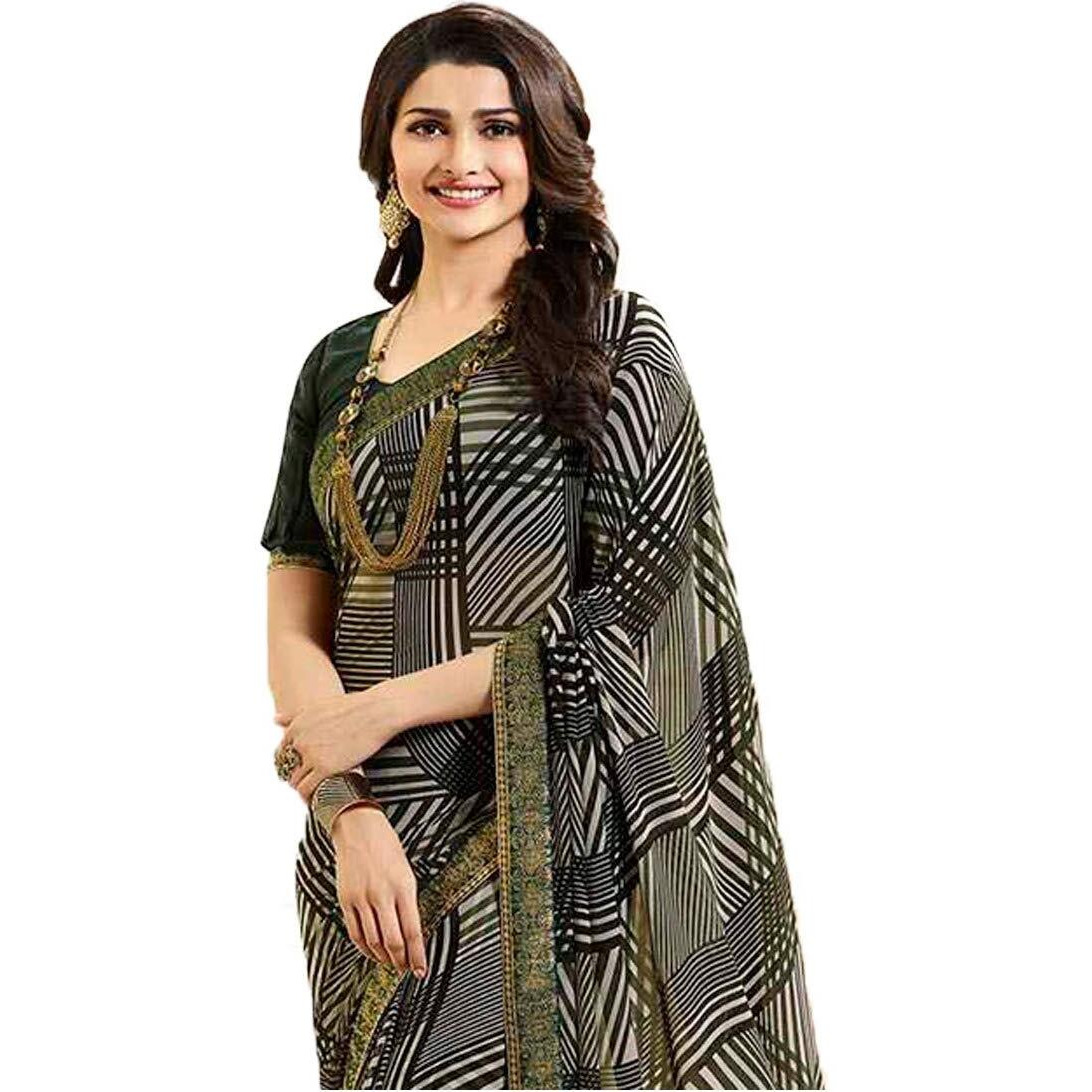 Shruhad  Womens Georgette Printed Saree with Jacquard Lace Border & Blouse Piece in Mustard color (Saree Length 6.3 Mtr) (mustard)