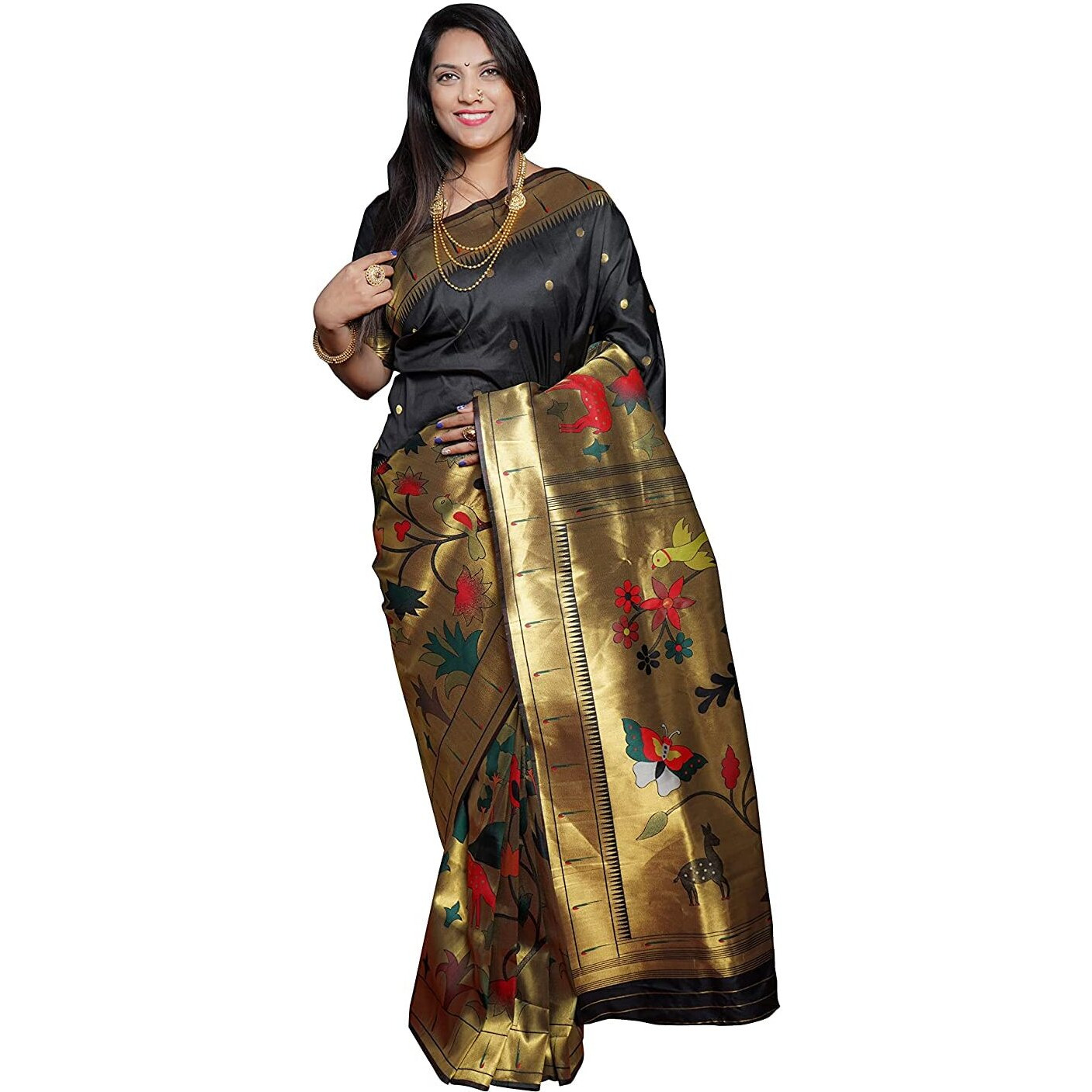 SGF11Womens Paithani Kanjivaram Pure Soft Silk Handloom Saree Pure Golden Zari With Blouse Piece (Black)