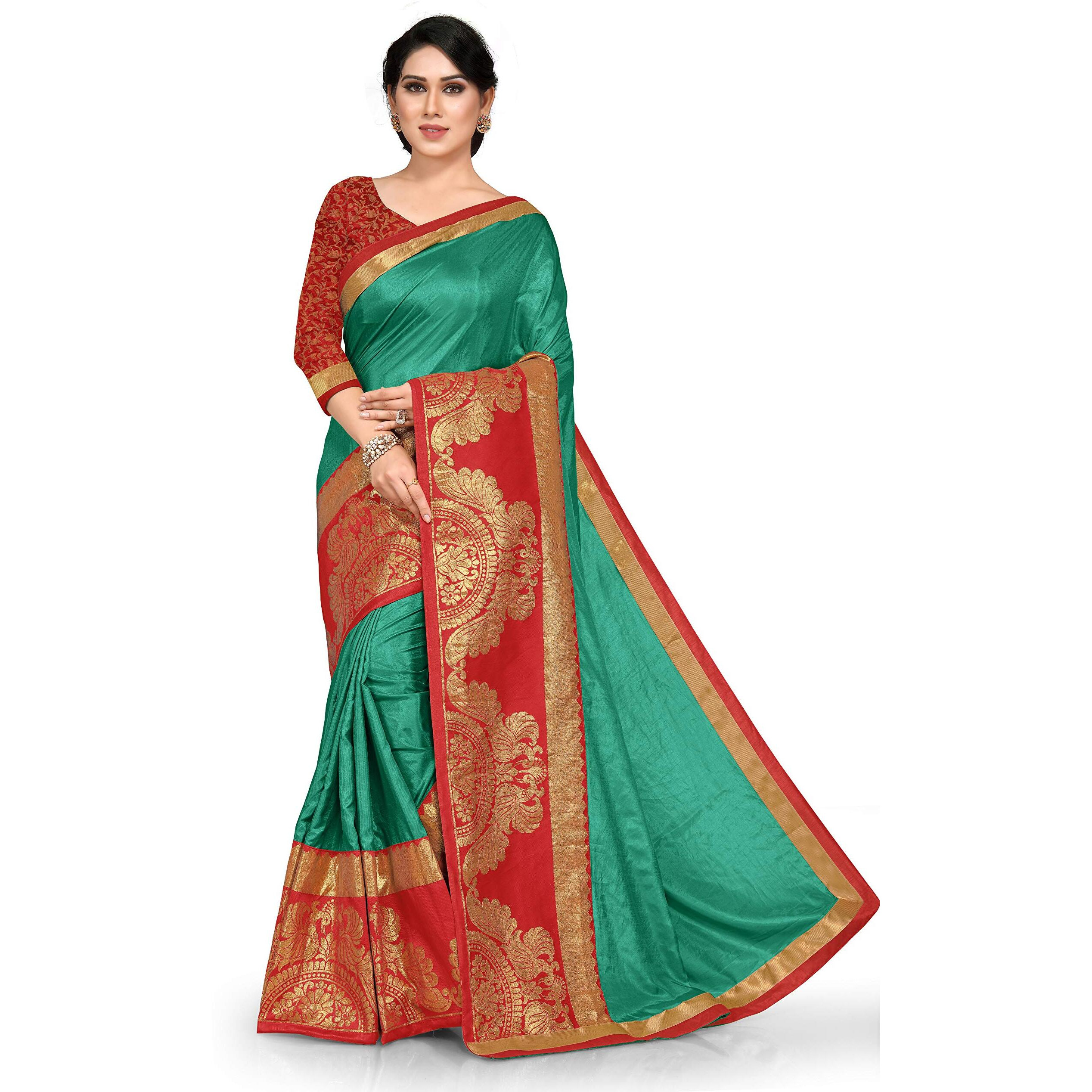 SOURBH Womens Silk Blend Peacock Zari Woven Lace Work Saree with Blouse Piece (11831-Turquoise, Red)