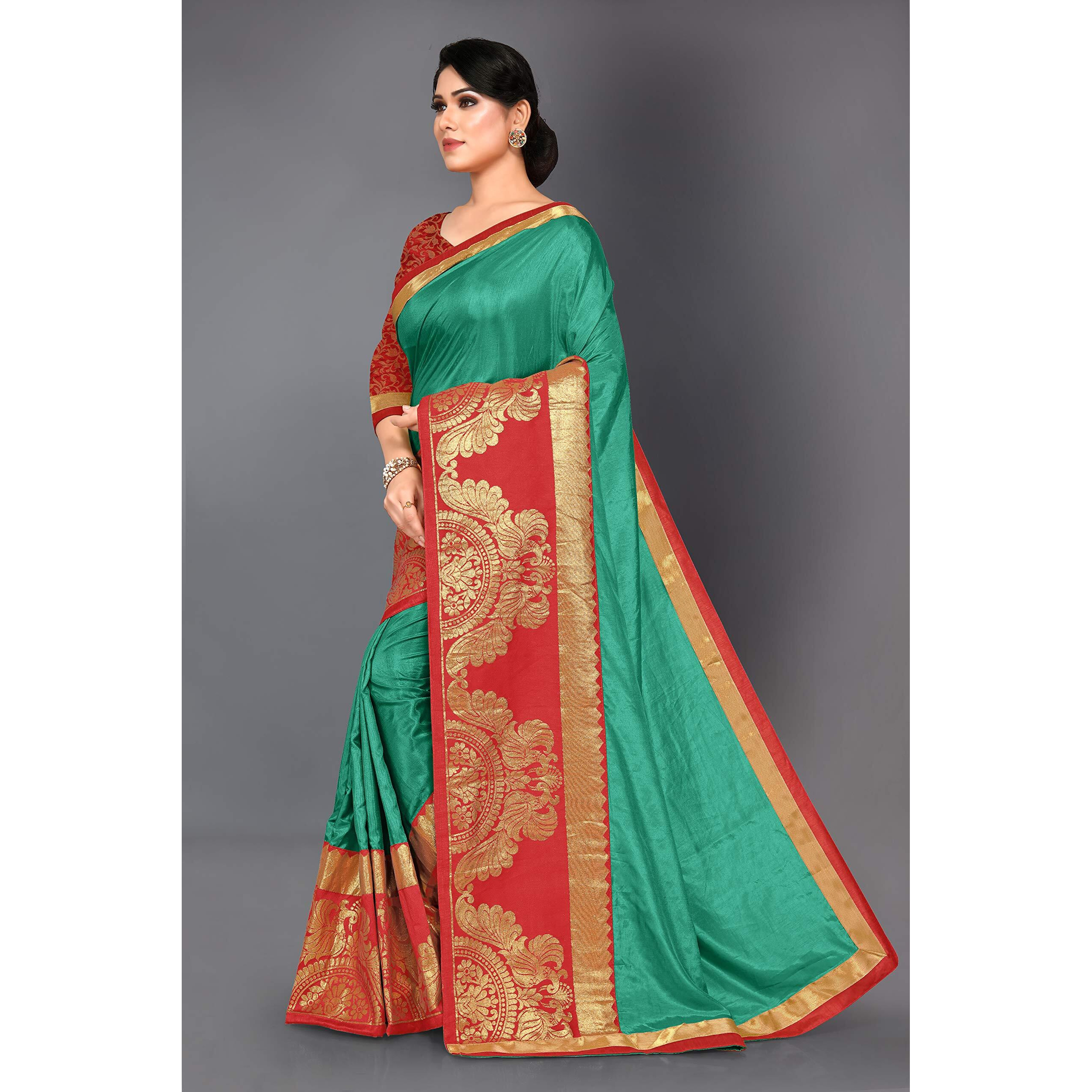 SOURBH Womens Silk Blend Peacock Zari Woven Lace Work Saree with Blouse Piece (11831-Turquoise, Red)