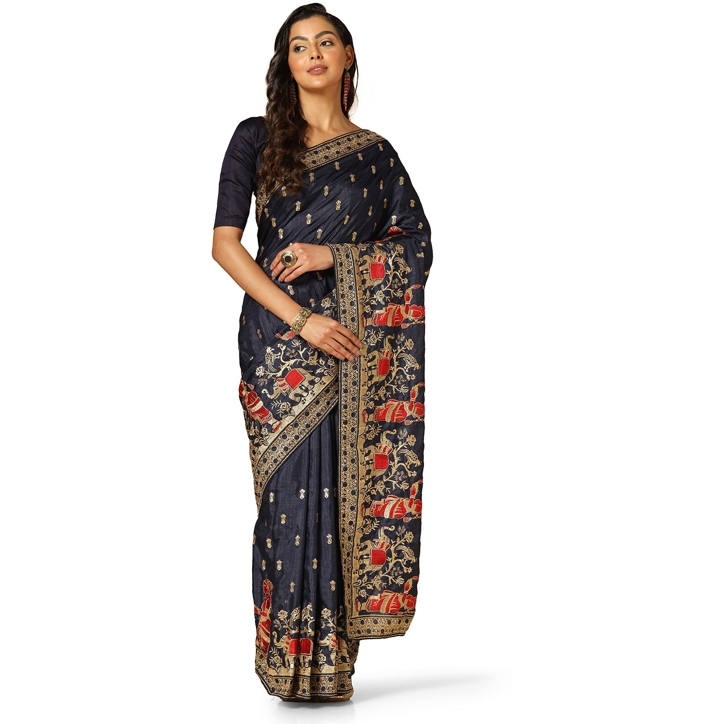 TOPLOT Saree For Women With Embroidery Work (Saree-5057-Navy Blue)