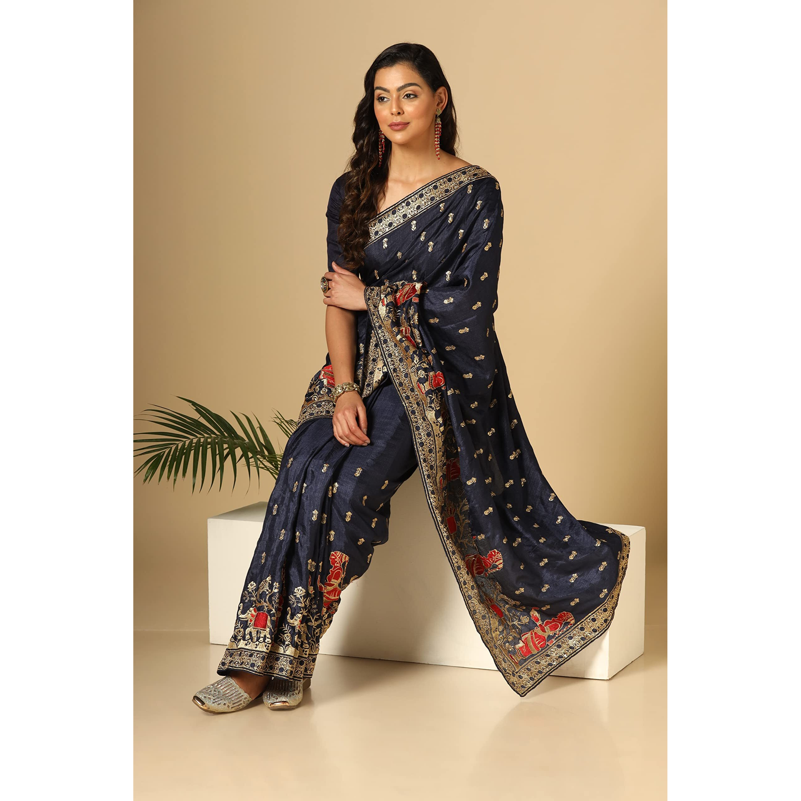 TOPLOT Saree For Women With Embroidery Work (Saree-5057-Navy Blue)