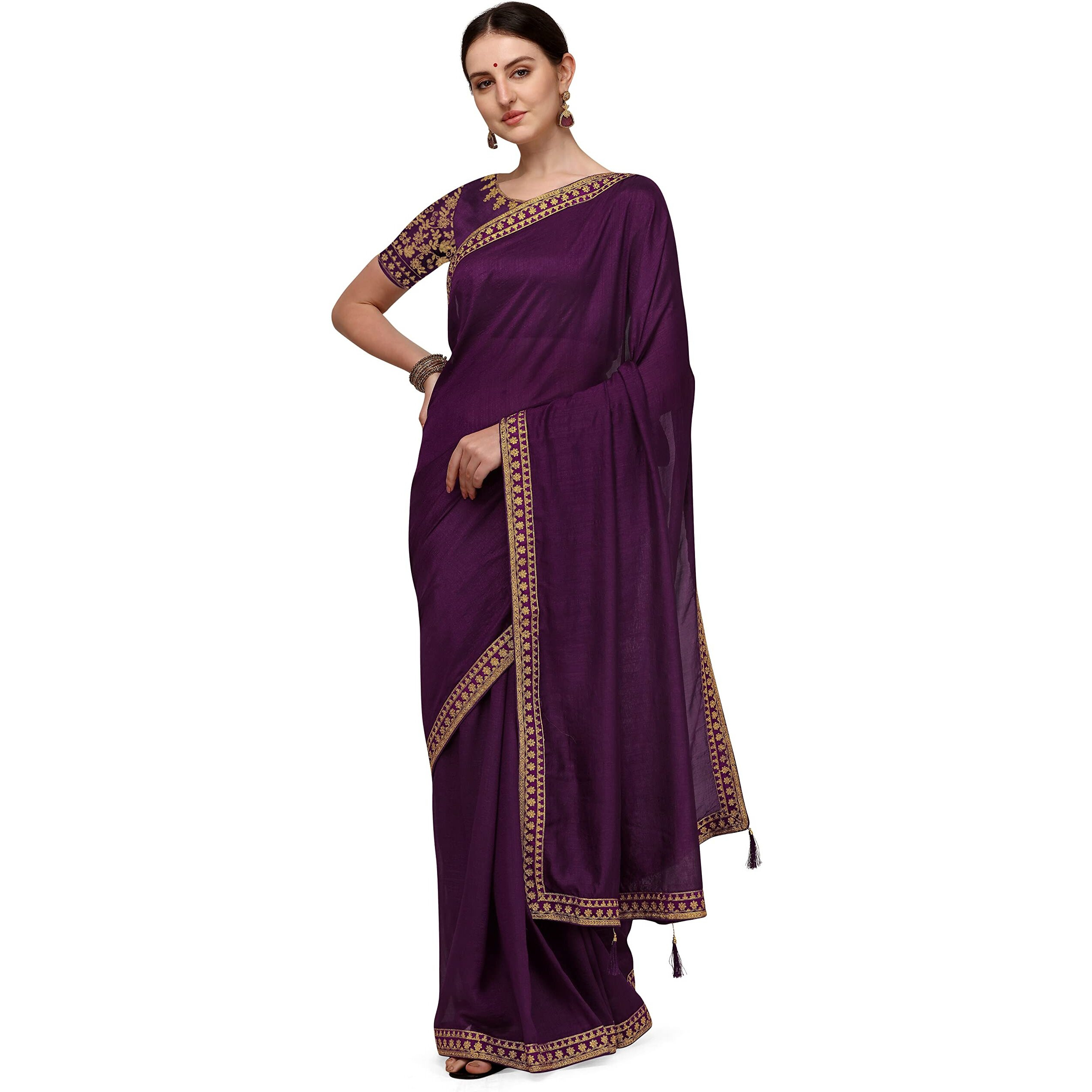 DEVANGI Womens Woven Pure Embroideried Work Silk Saree With Unstitched Blouse Piece (DF-01-PURPLE)