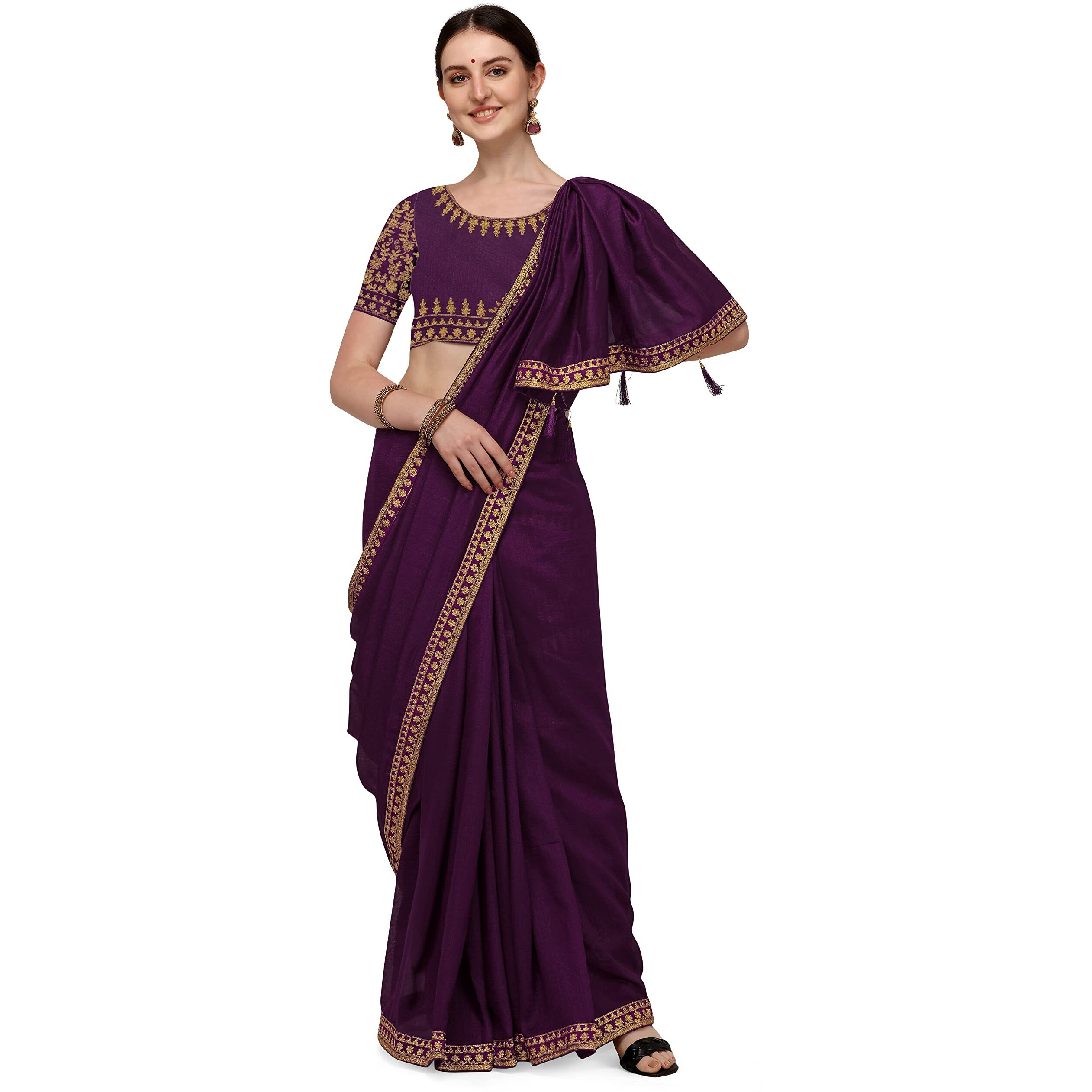 DEVANGI Womens Woven Pure Embroideried Work Silk Saree With Unstitched Blouse Piece (DF-01-PURPLE)