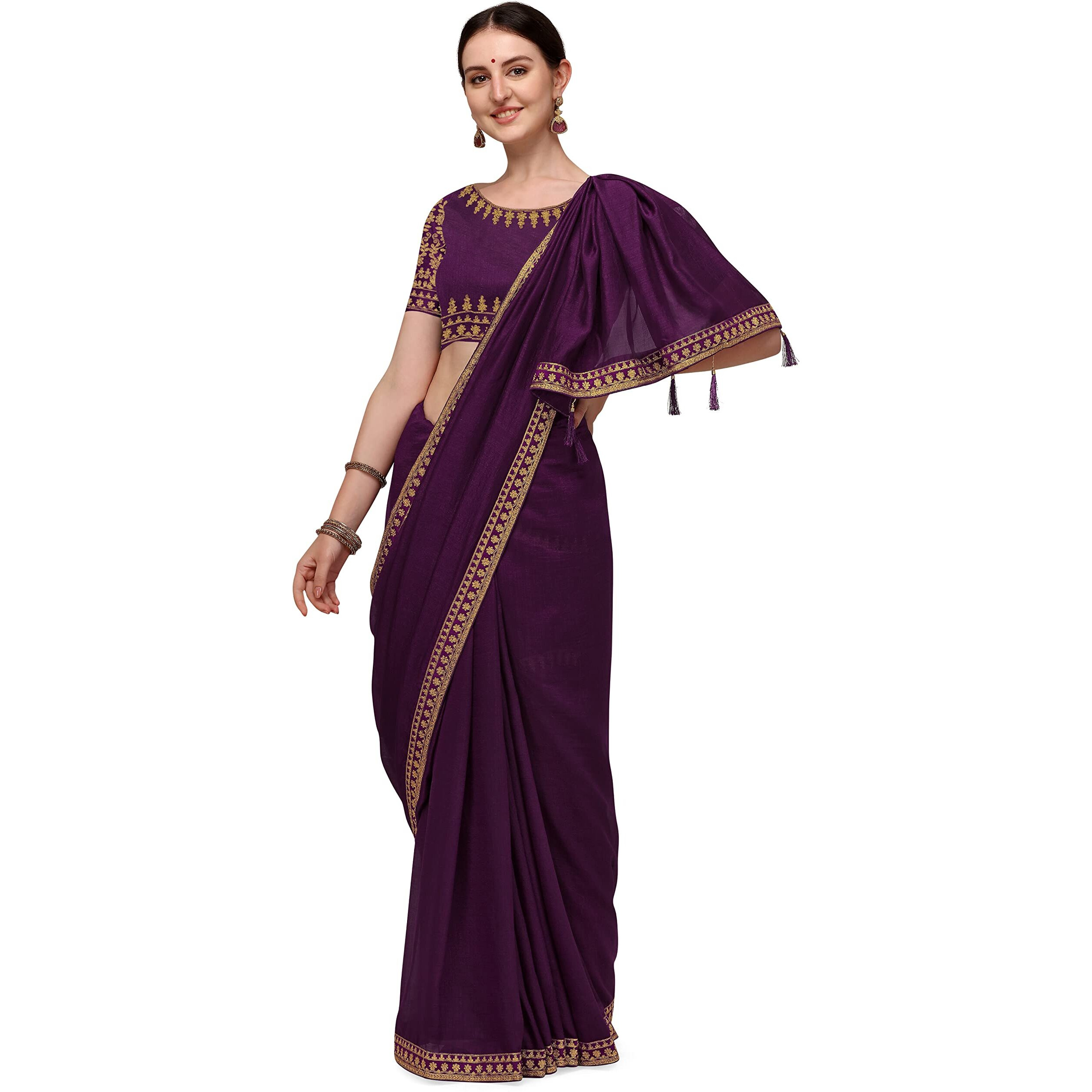 DEVANGI Womens Woven Pure Embroideried Work Silk Saree With Unstitched Blouse Piece (DF-01-PURPLE)