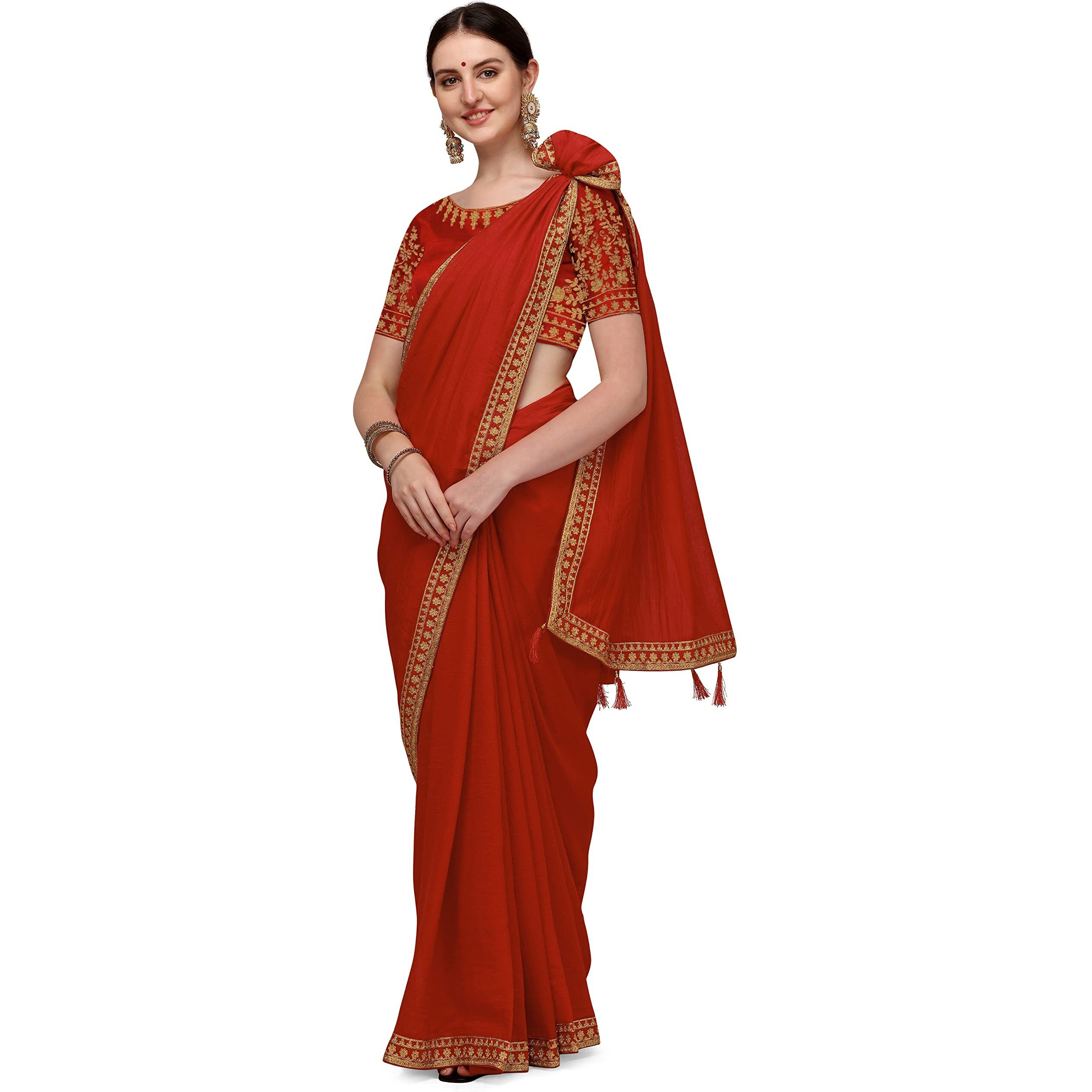 DEVANGI Womens Woven Pure Embroideried Work Silk Saree With Unstitched Blouse Piece (DF-01-RED)