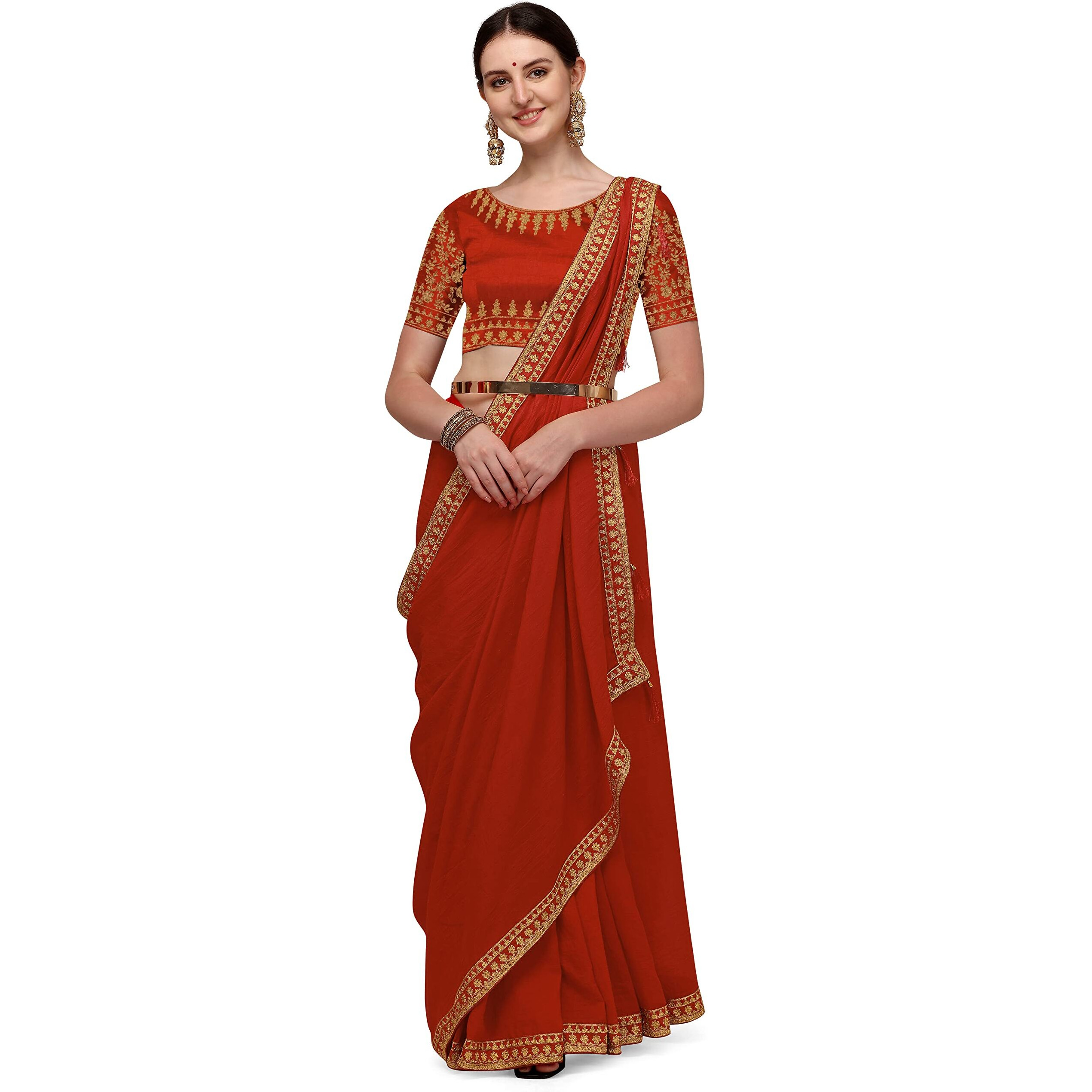 DEVANGI Womens Woven Pure Embroideried Work Silk Saree With Unstitched Blouse Piece (DF-01-RED)