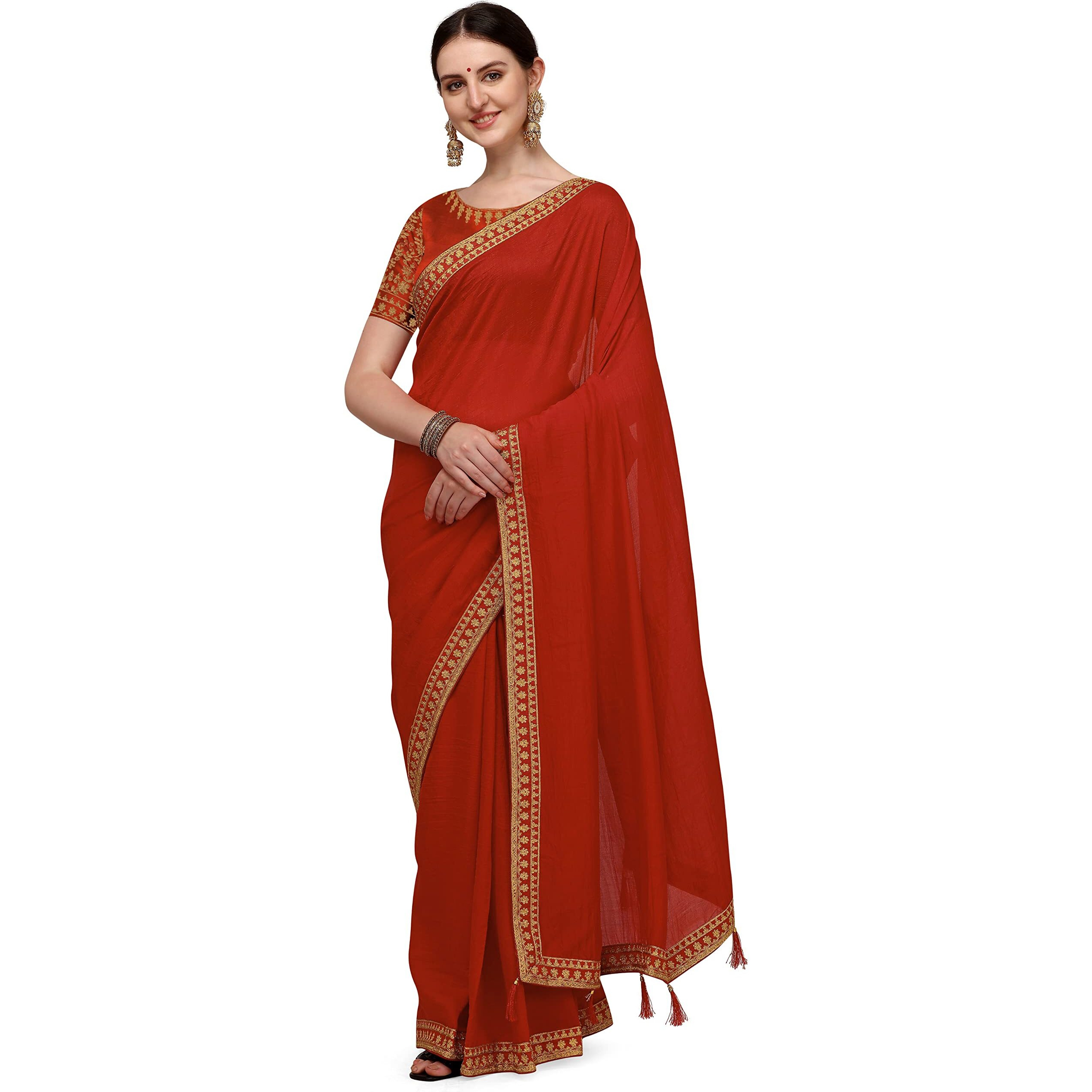 DEVANGI Womens Woven Pure Embroideried Work Silk Saree With Unstitched Blouse Piece (DF-01-RED)