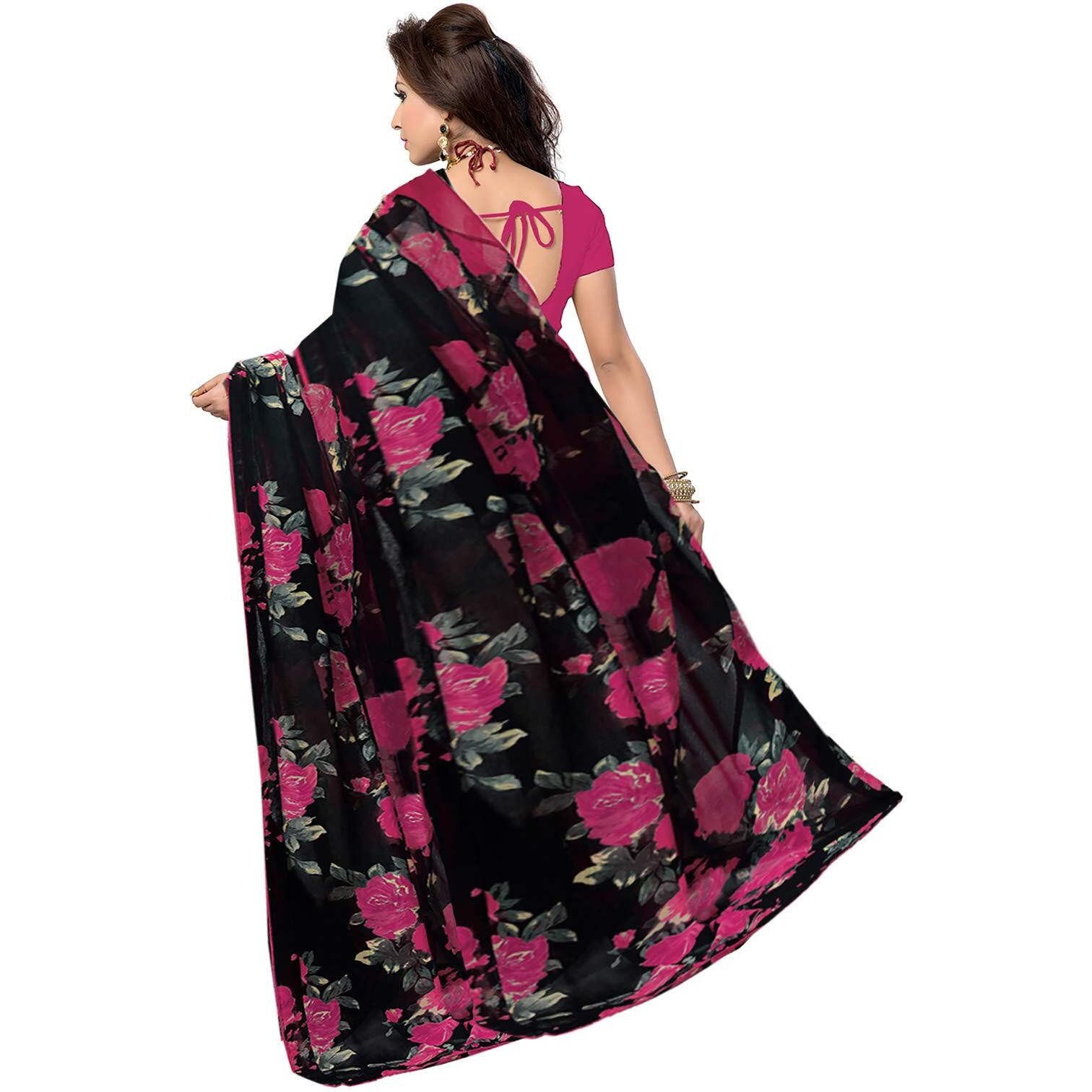 Ishin Womens Poly Georgette Printed Saree With Blouse Piece