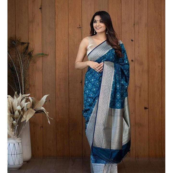 Flosive Womens Barry Blue & Patola Kanjivaram Silk Saree With Blouse