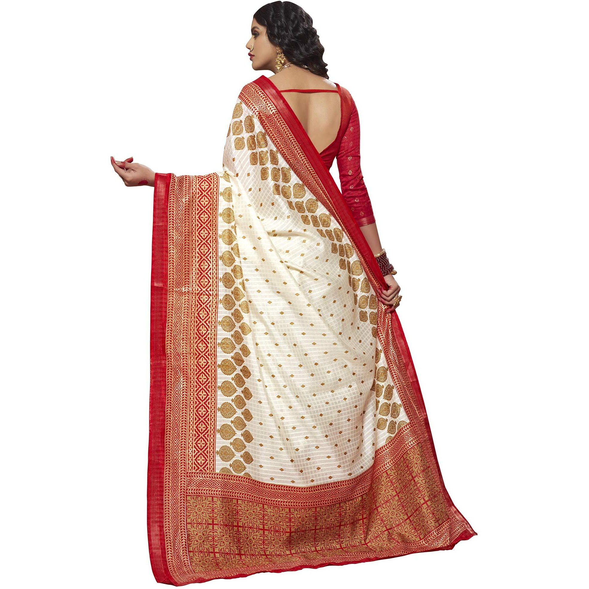 AKHILAM Women Silk Saree With Blouse Piece (Bengali Saree 6004_Cream & Red)