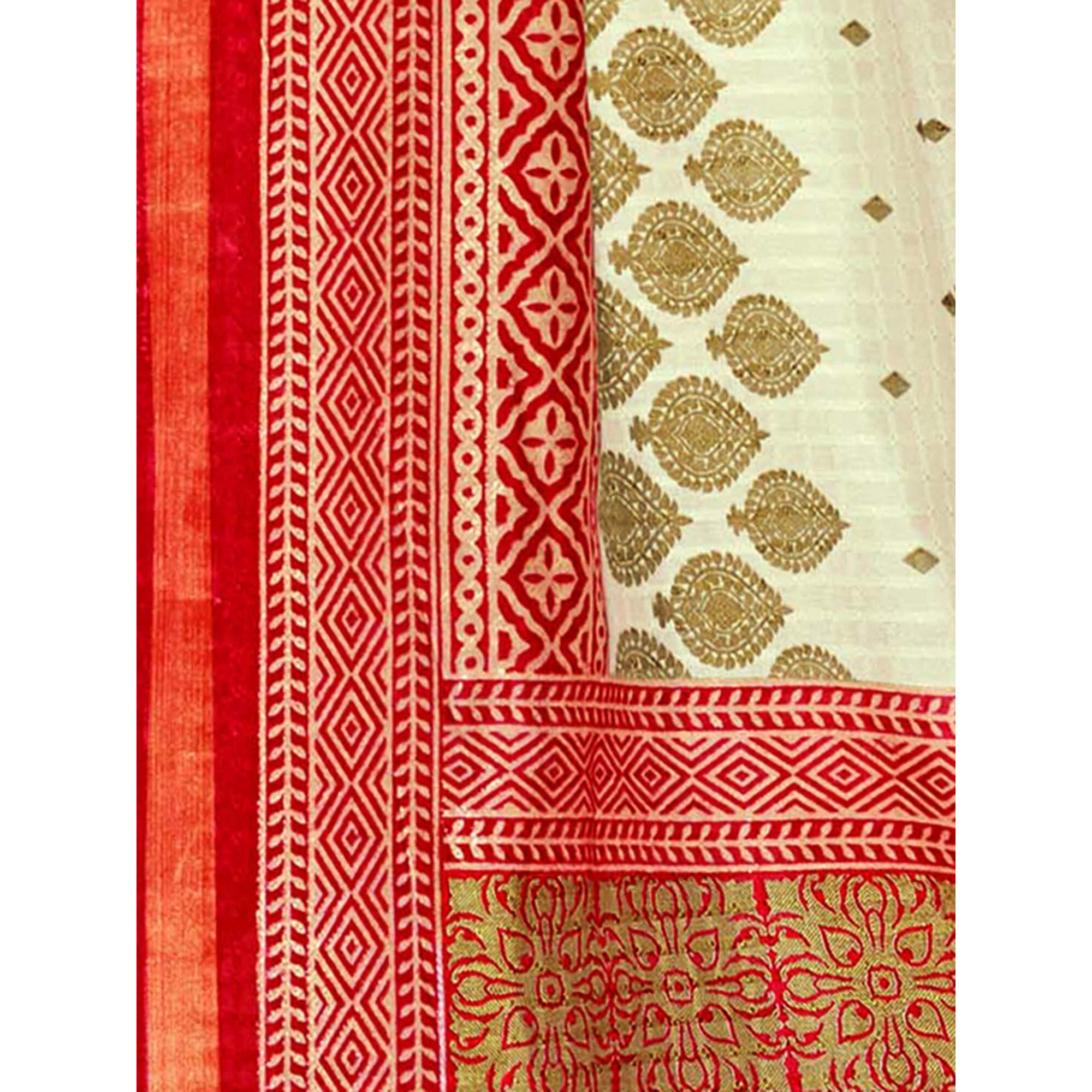 AKHILAM Women Silk Saree With Blouse Piece (Bengali Saree 6004_Cream & Red)