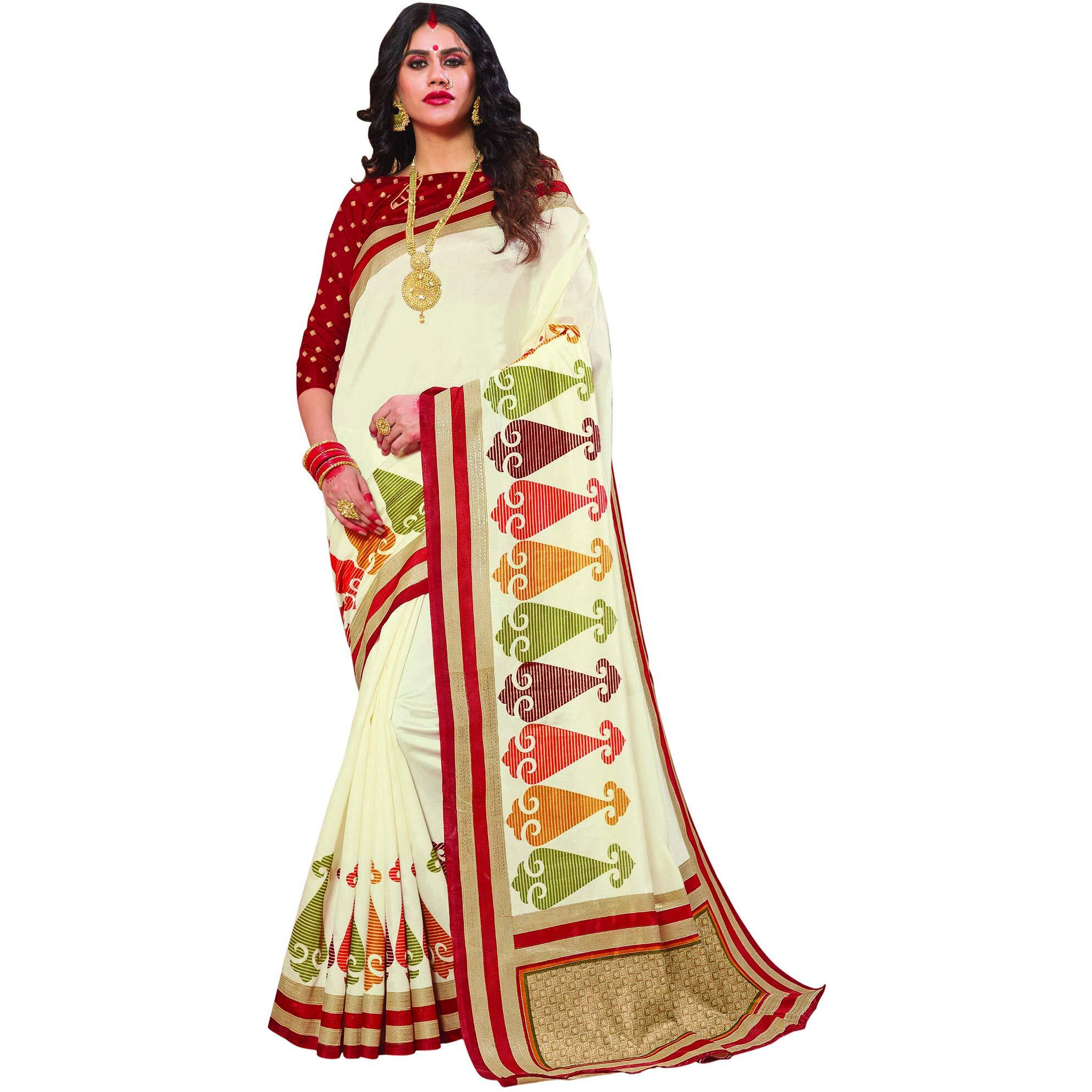 AKHILAM Womens Patola Silk Saree With Blouse Piece (B07V87JL8P_Cream Red)