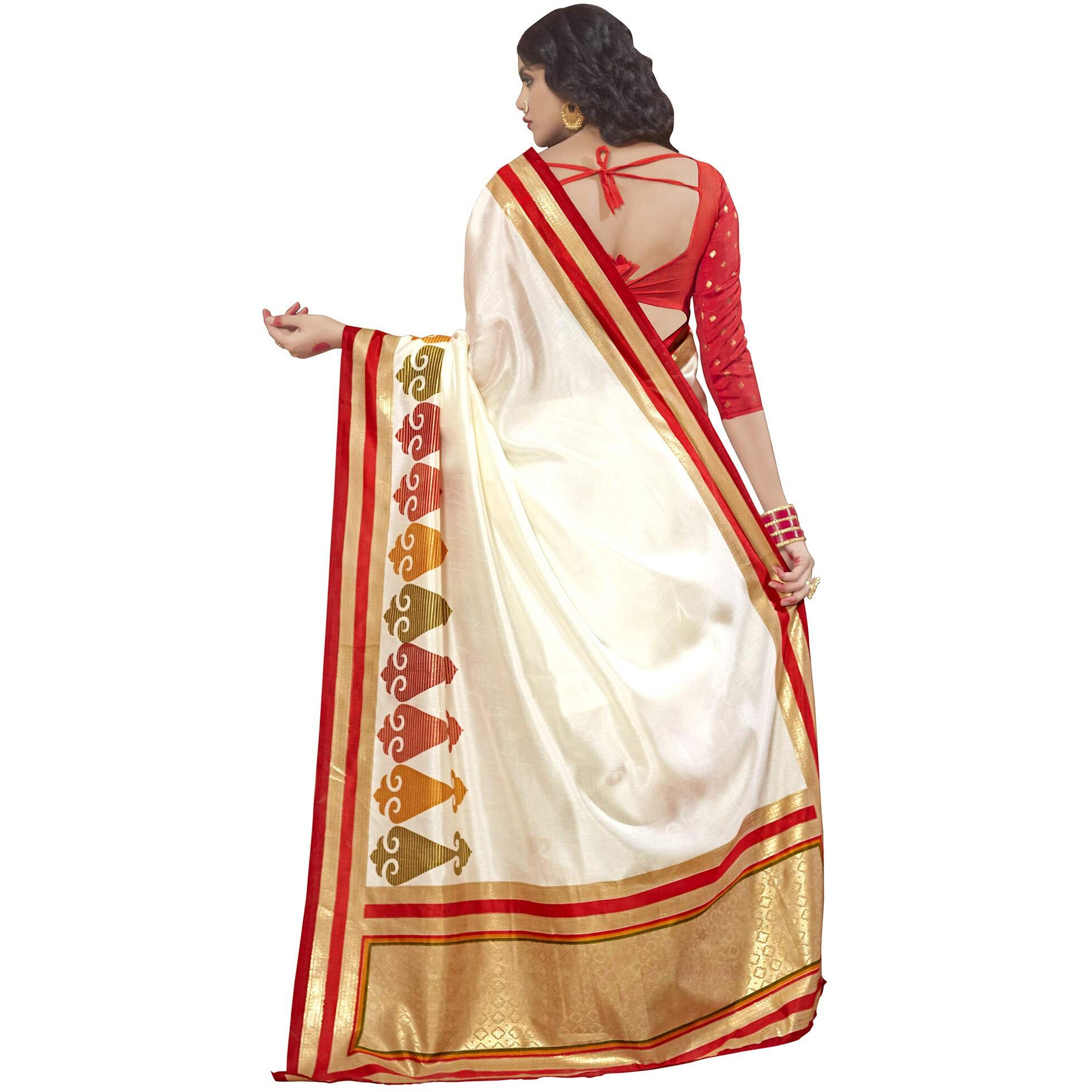 AKHILAM Womens Patola Silk Saree With Blouse Piece (B07V87JL8P_Cream Red)