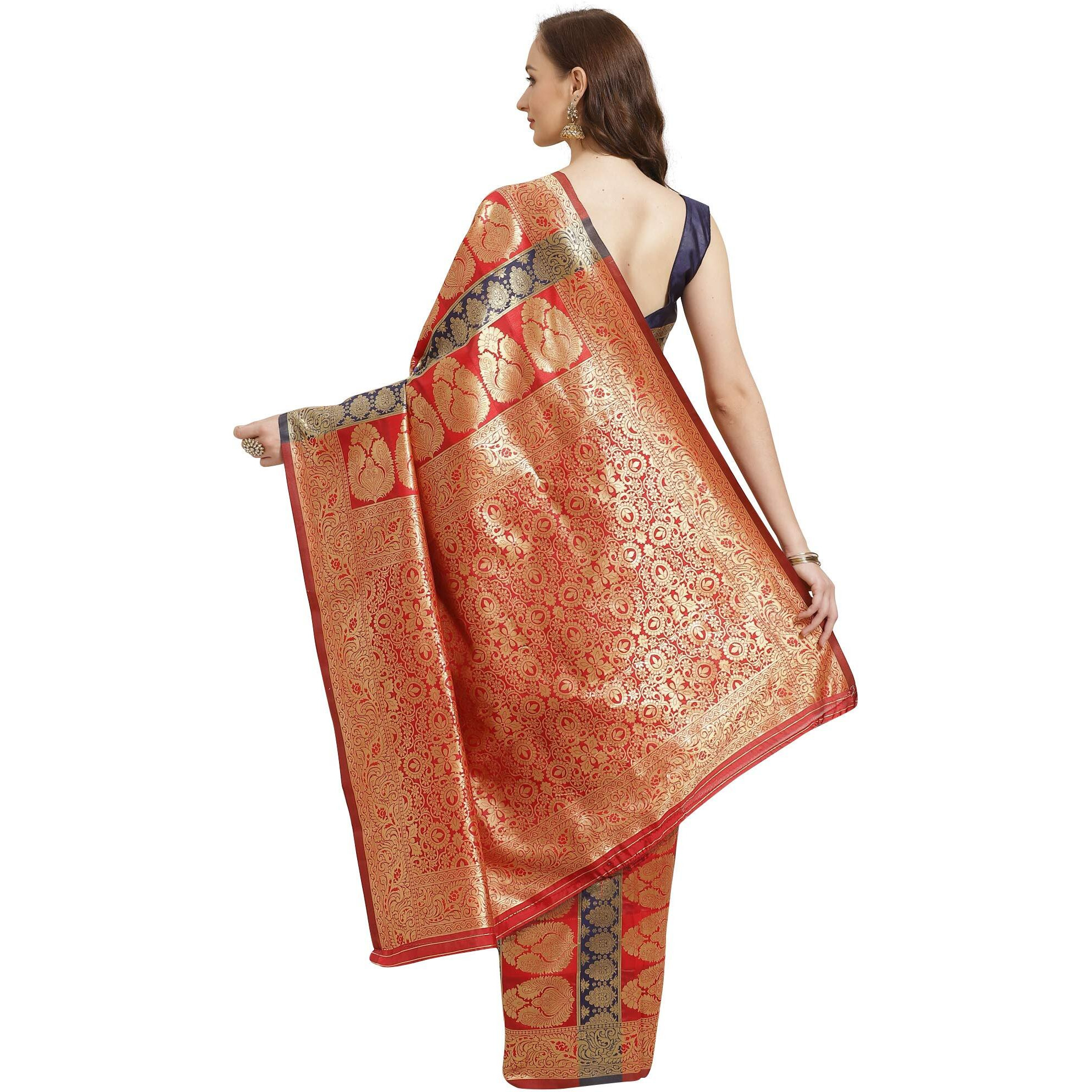 AKHILAM Womens Silk Blend Saree with Unstitched Blouse Piece(HSA270) (Navy Blue & Red)