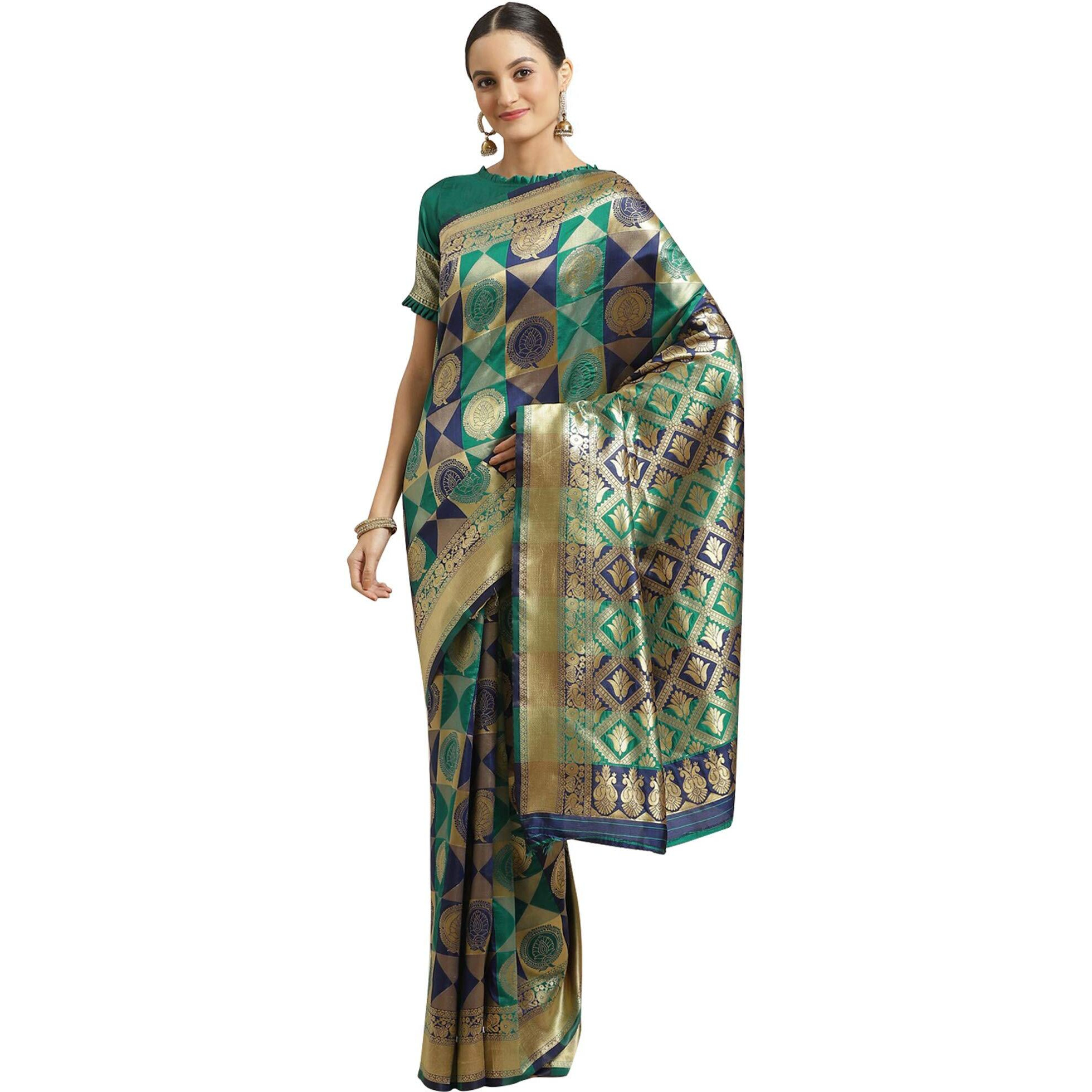 AKHILAM Womens Solid Silk Blend Saree With Unstitched Blouse Piece(Navy Blue & Teal Green_HSA27005)