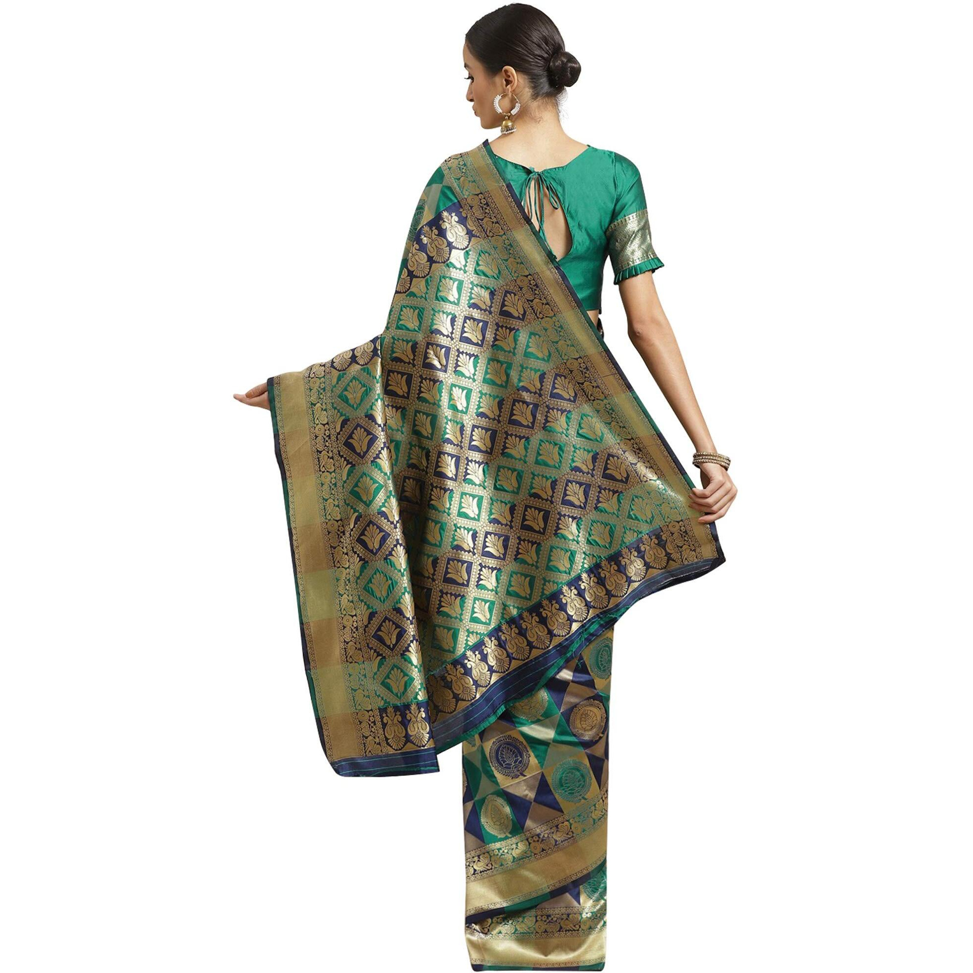 AKHILAM Womens Solid Silk Blend Saree With Unstitched Blouse Piece(Navy Blue & Teal Green_HSA27005)