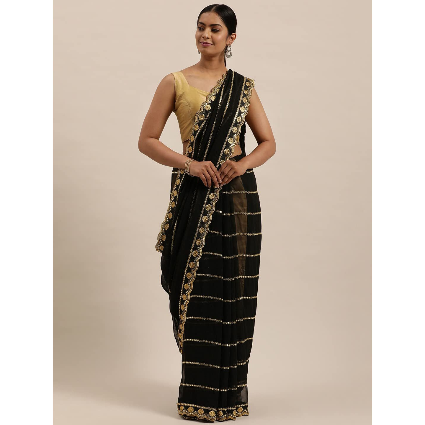 Shasmi Womens Designer Black Georgette Embroidered Fashion Designing Saree for Women (KK) (Black)