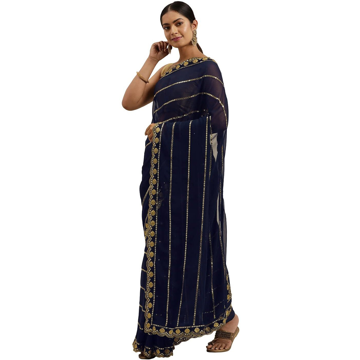 Shasmi Womens Designer Black Georgette Embroidered Fashion Designing Saree for Women (KK) (Navy Blue)